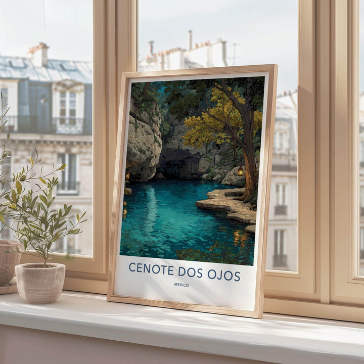 Cenote Dos Ojos Poster - Mexico Travel Art - Glowing Lantern Grotto Home Decor