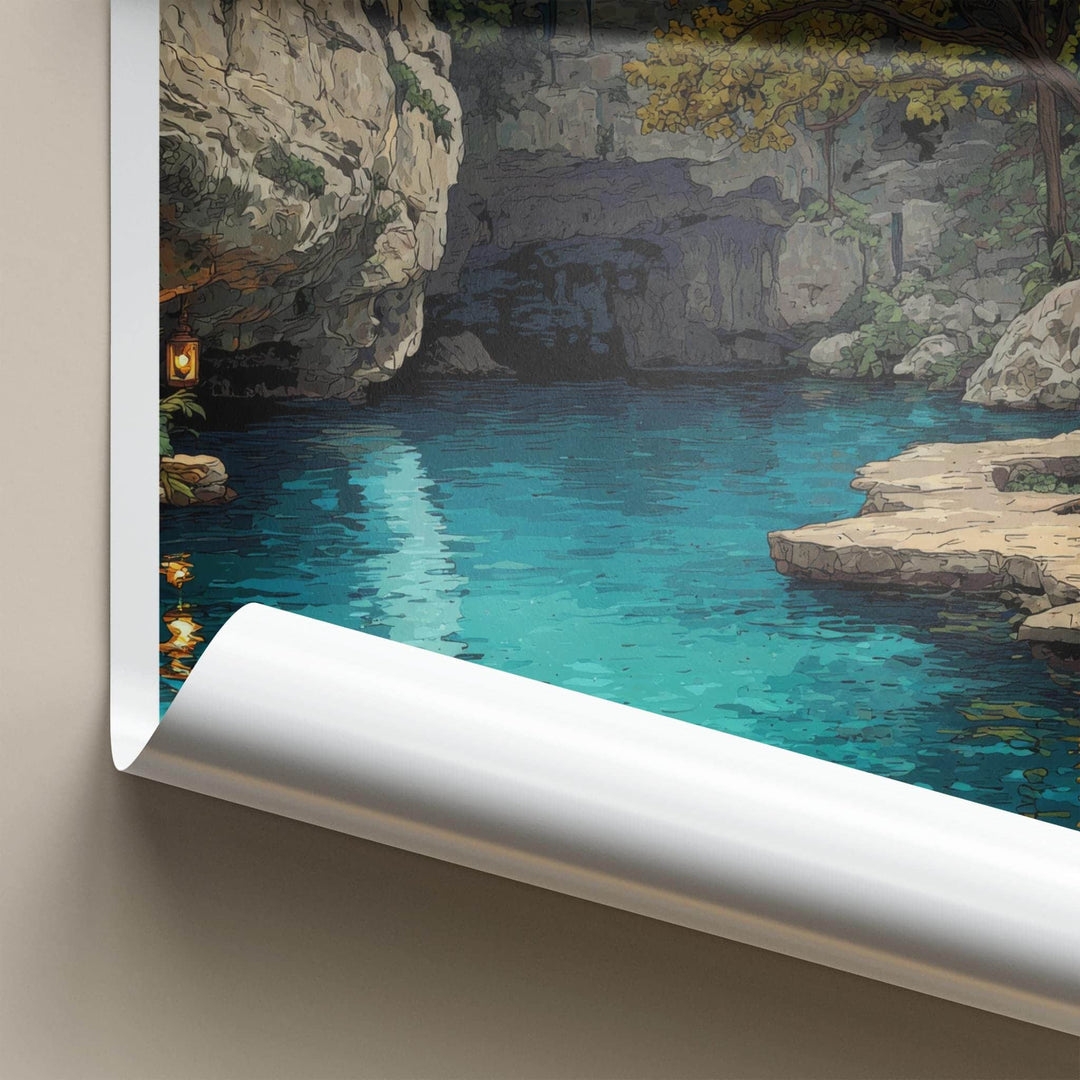 Cenote Dos Ojos Poster - Mexico Travel Art - Glowing Lantern Grotto Home Decor