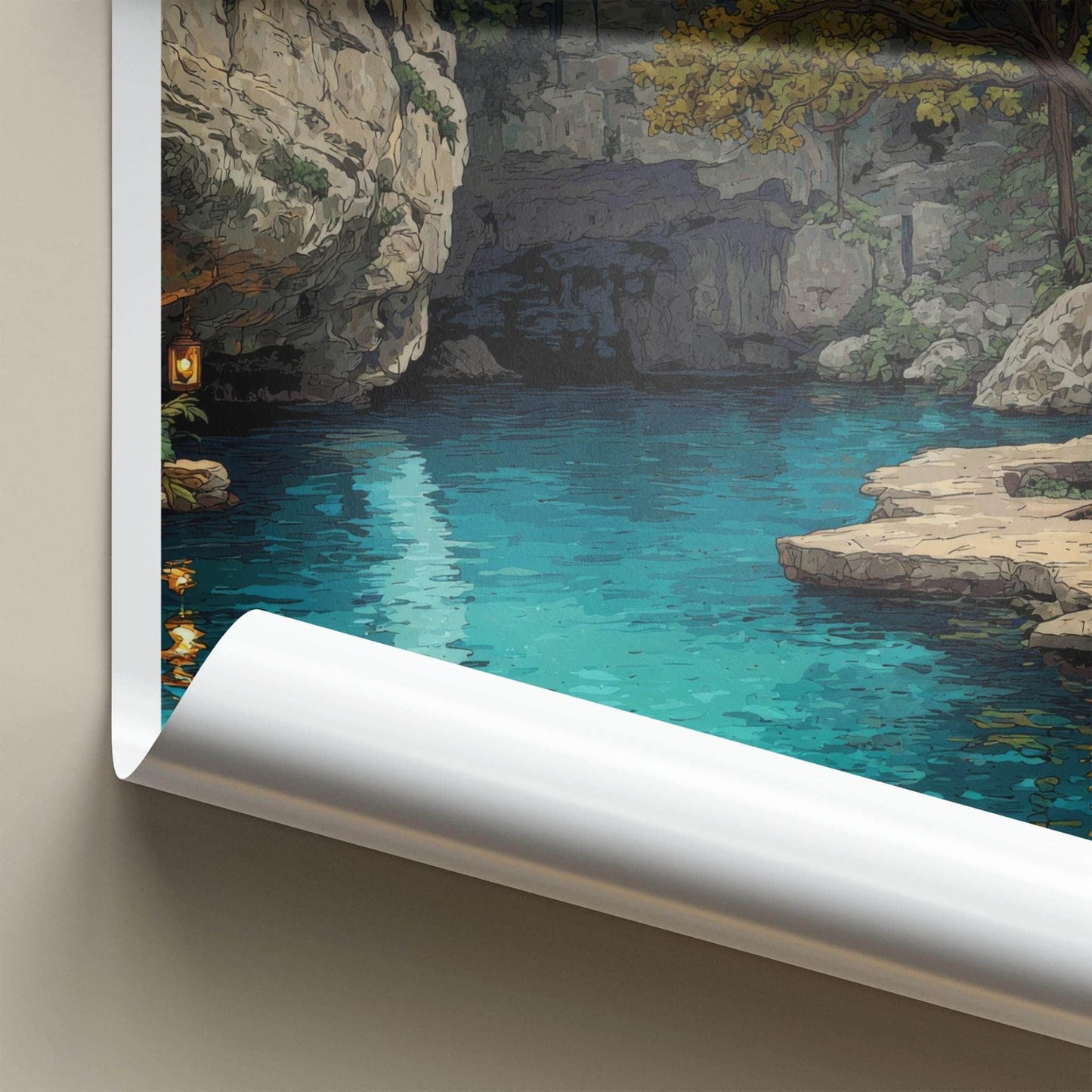 Cenote Dos Ojos Poster - Mexico Travel Art - Glowing Lantern Grotto Home Decor