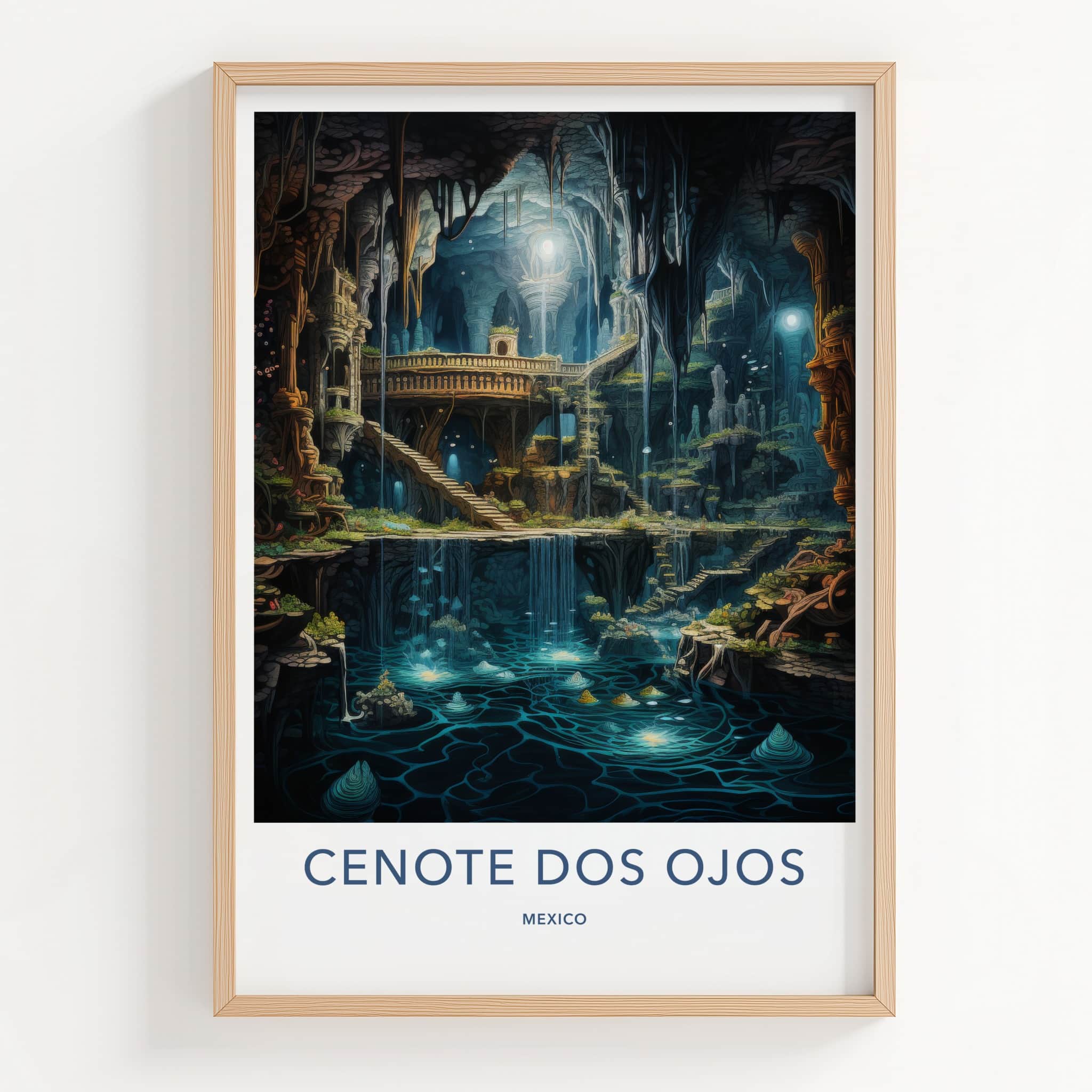 Cenote Dos Ojos Poster - Mexico Travel Art - Luminescent Cave Structures Home Decor
