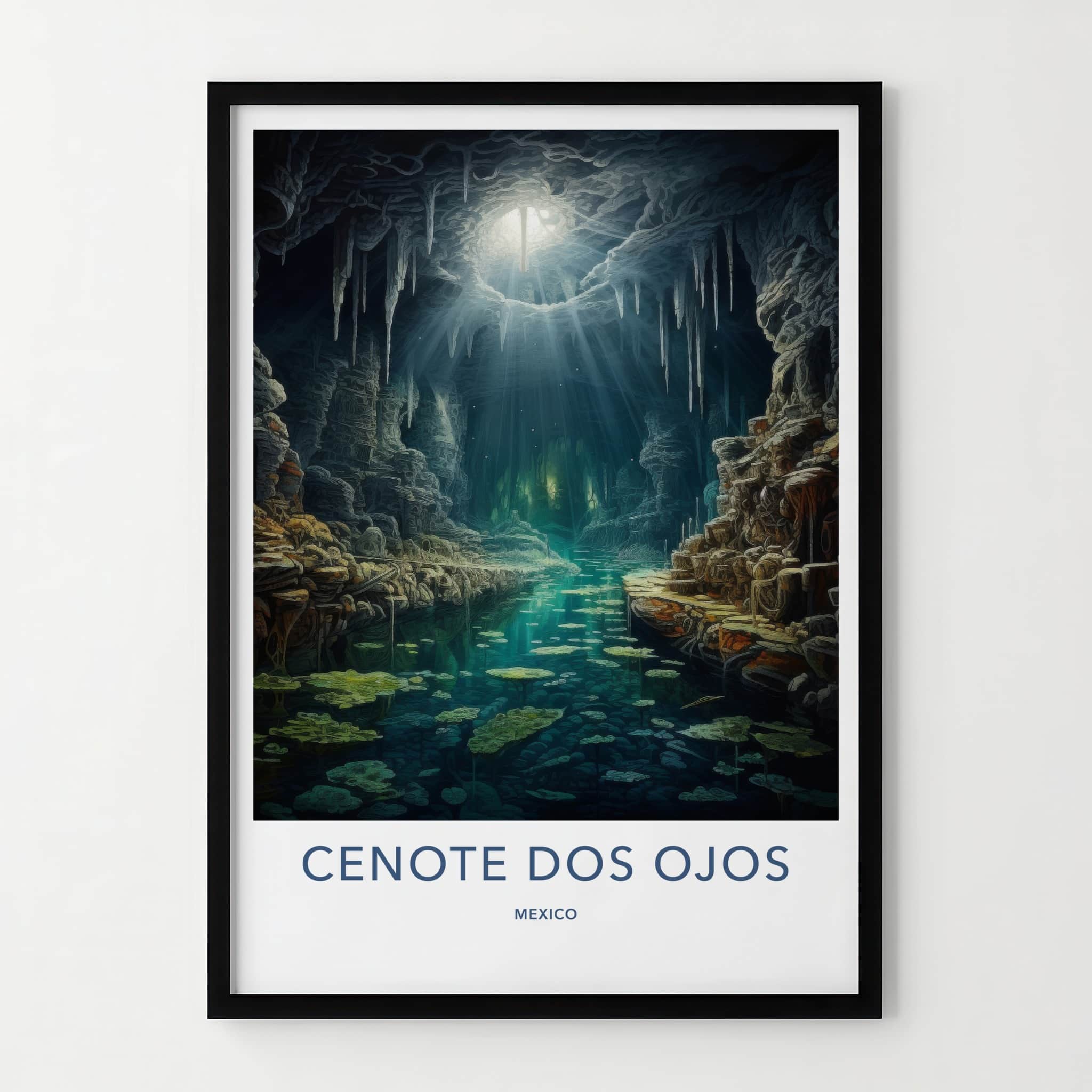 Cenote Dos Ojos Poster - Mexico Travel Art - Sunlit Cave Stream Home Decor