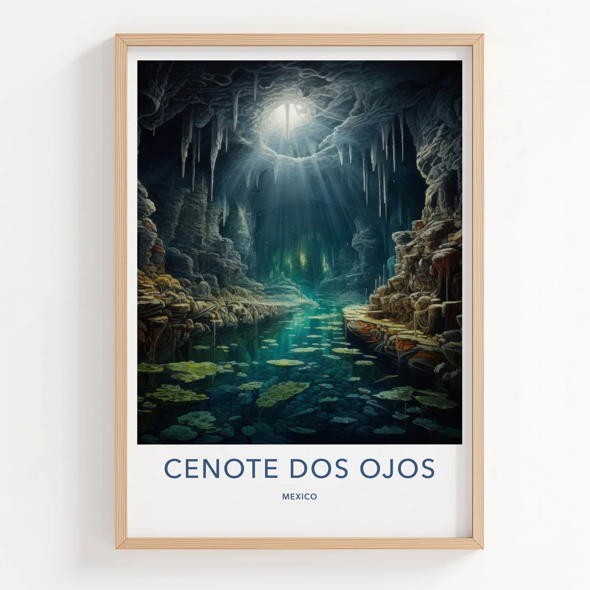 Cenote Dos Ojos Poster - Mexico Travel Art - Sunlit Cave Stream Home Decor