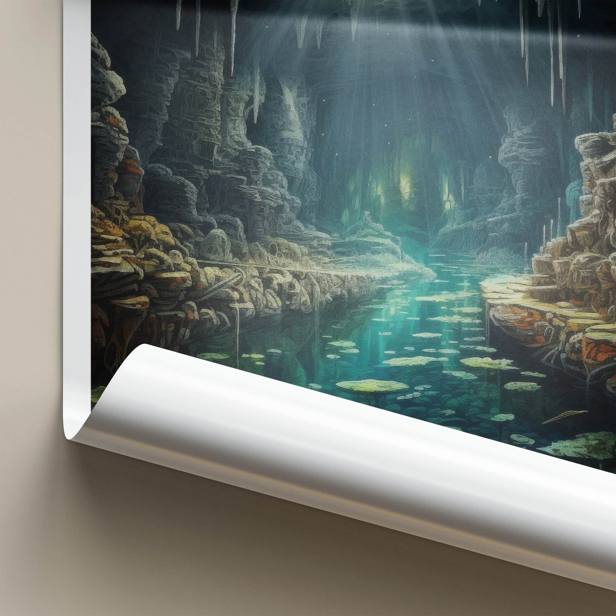 Cenote Dos Ojos Poster - Mexico Travel Art - Sunlit Cave Stream Home Decor