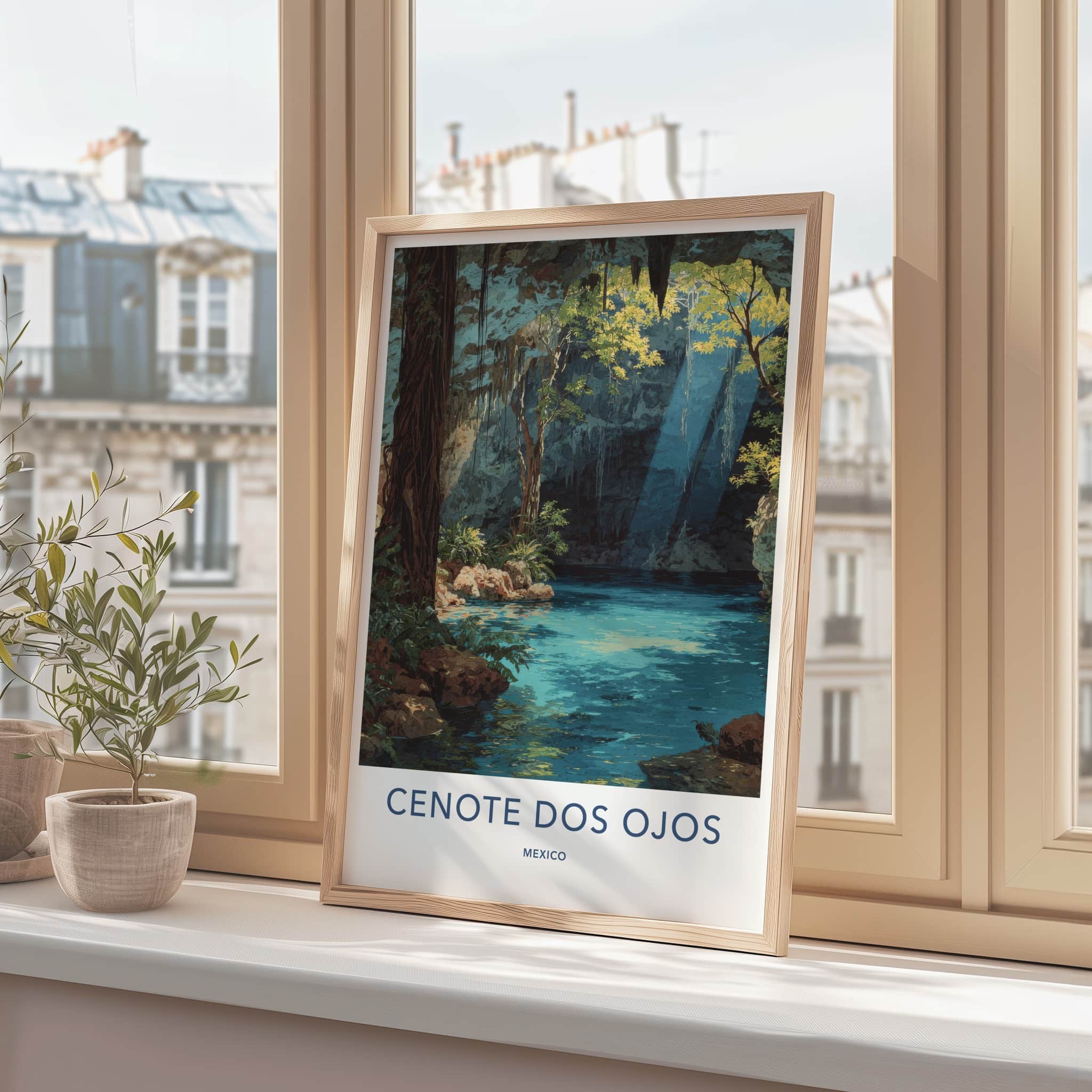 Cenote Dos Ojos Poster - Mexico Travel Print - Mystical Cave Light Framed Decor
