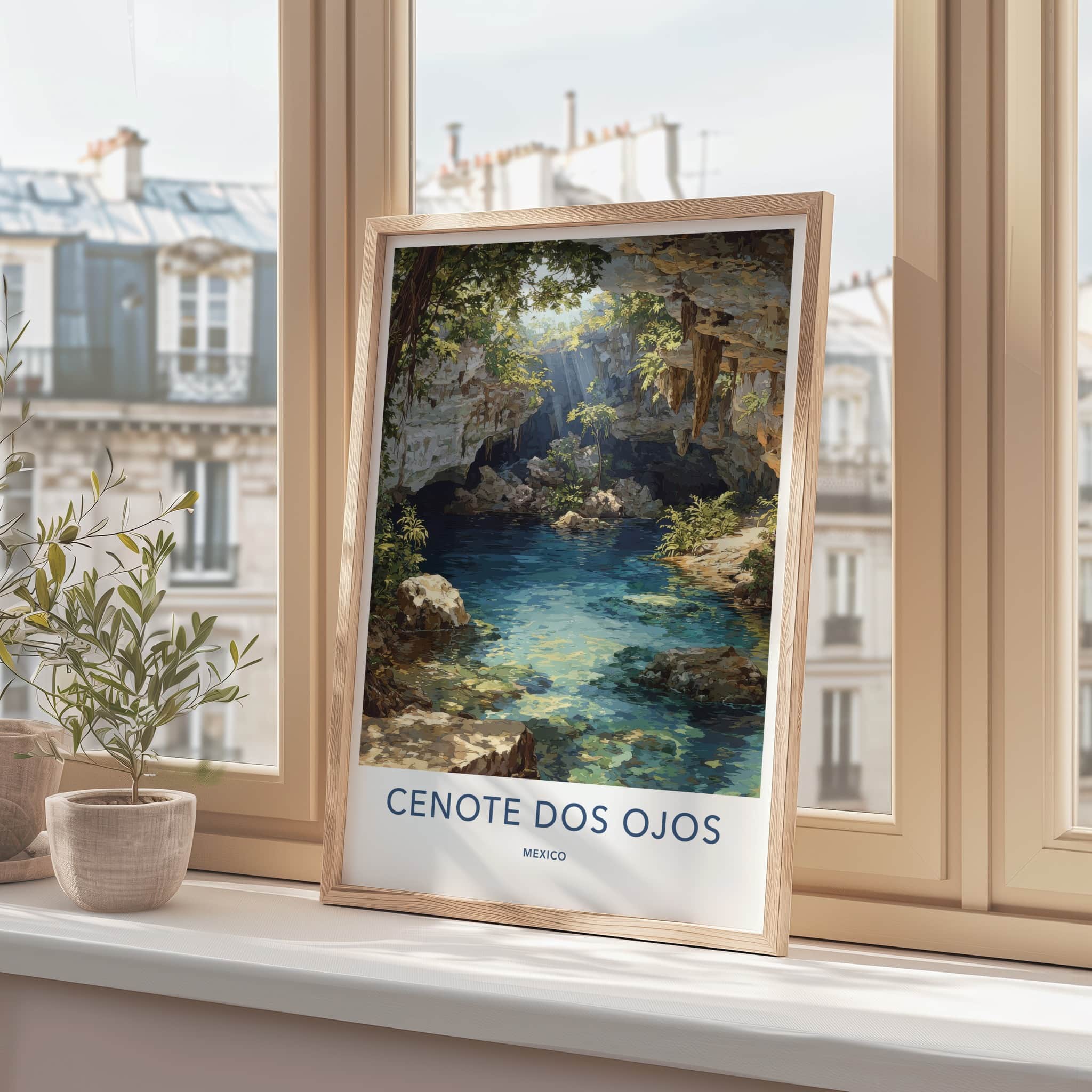 Cenote Dos Ojos Poster - Mexico Travel Print - Sunlit Cave Water Home Decor