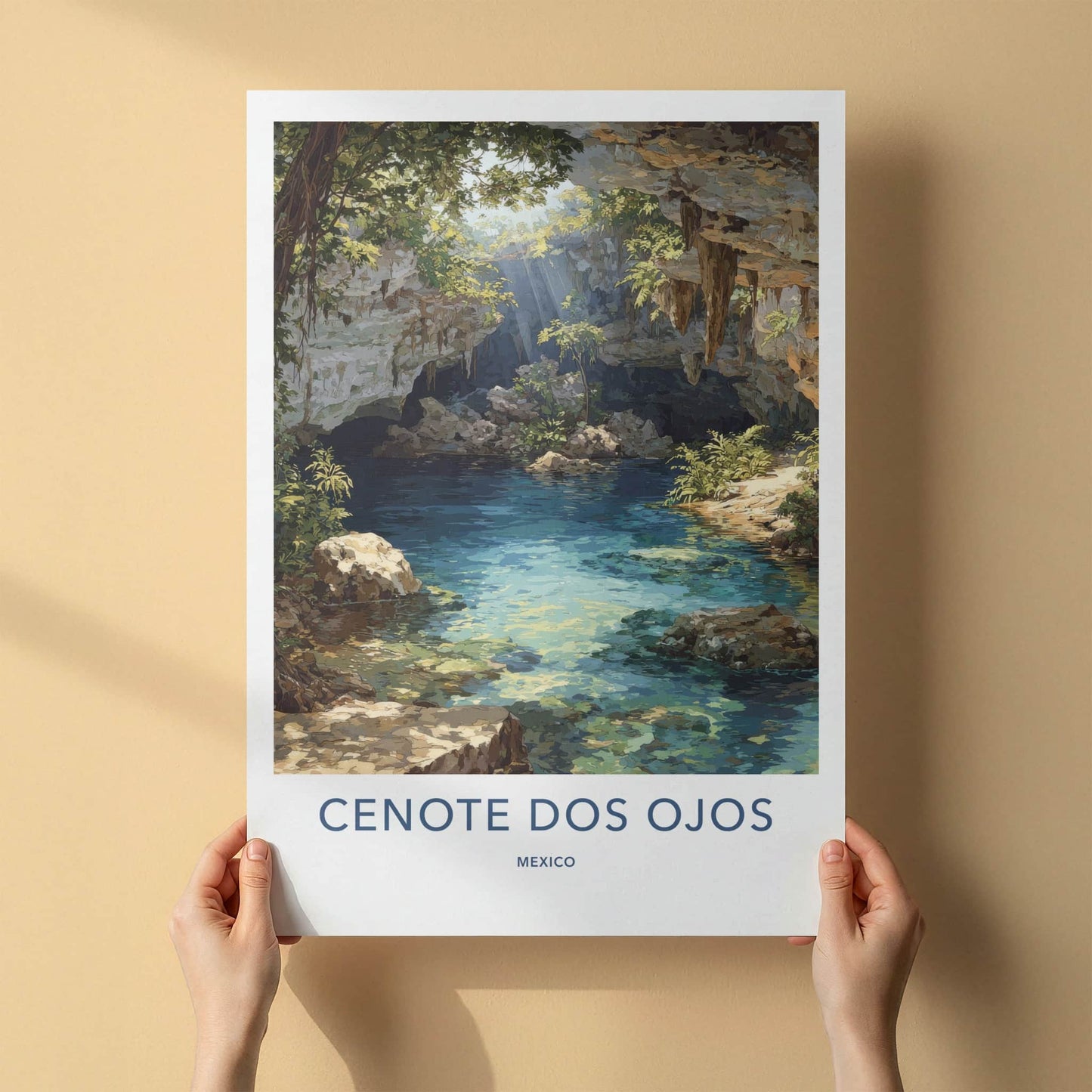 Cenote Dos Ojos Poster - Mexico Travel Print - Sunlit Cave Water Home Decor