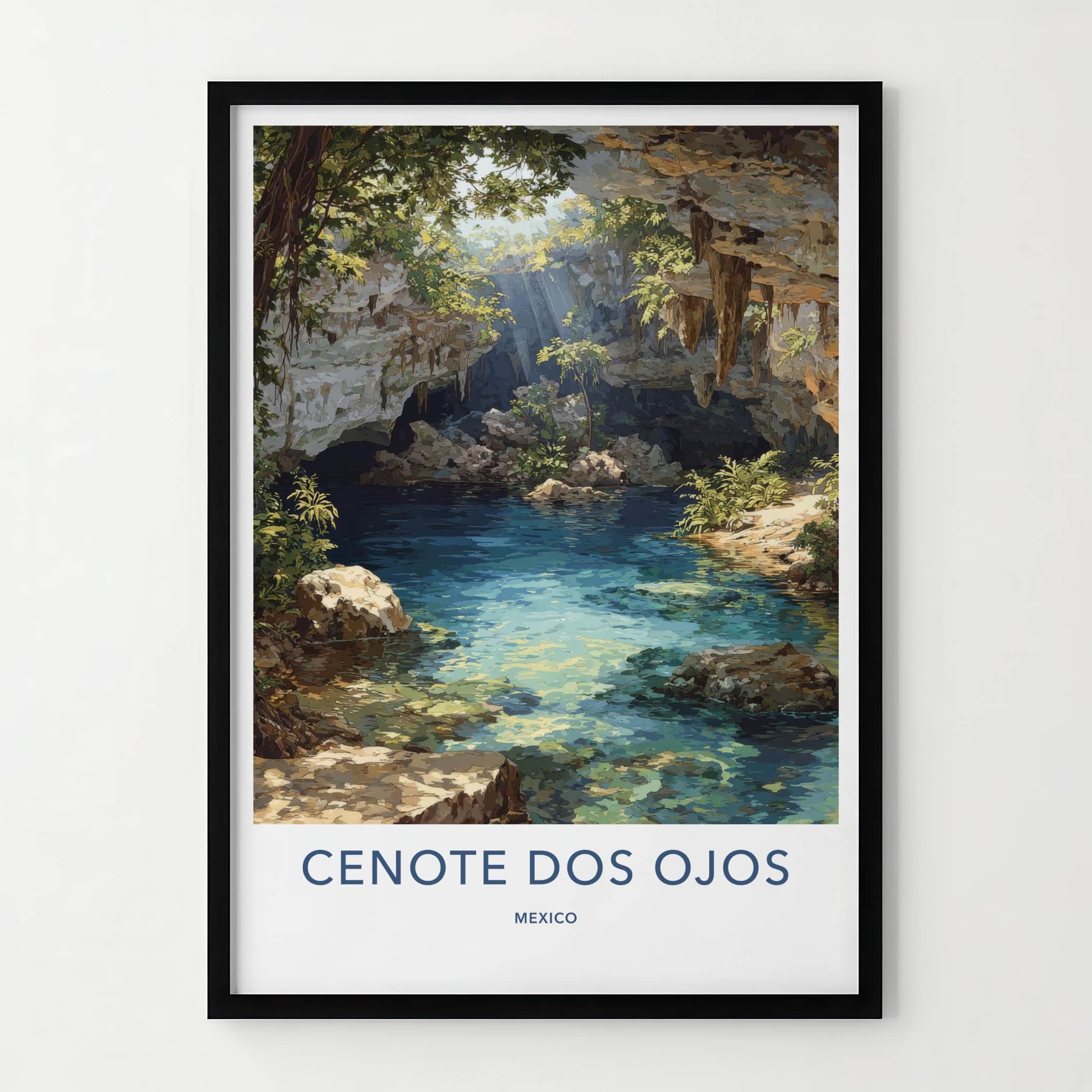 Cenote Dos Ojos Poster - Mexico Travel Print - Sunlit Cave Water Home Decor