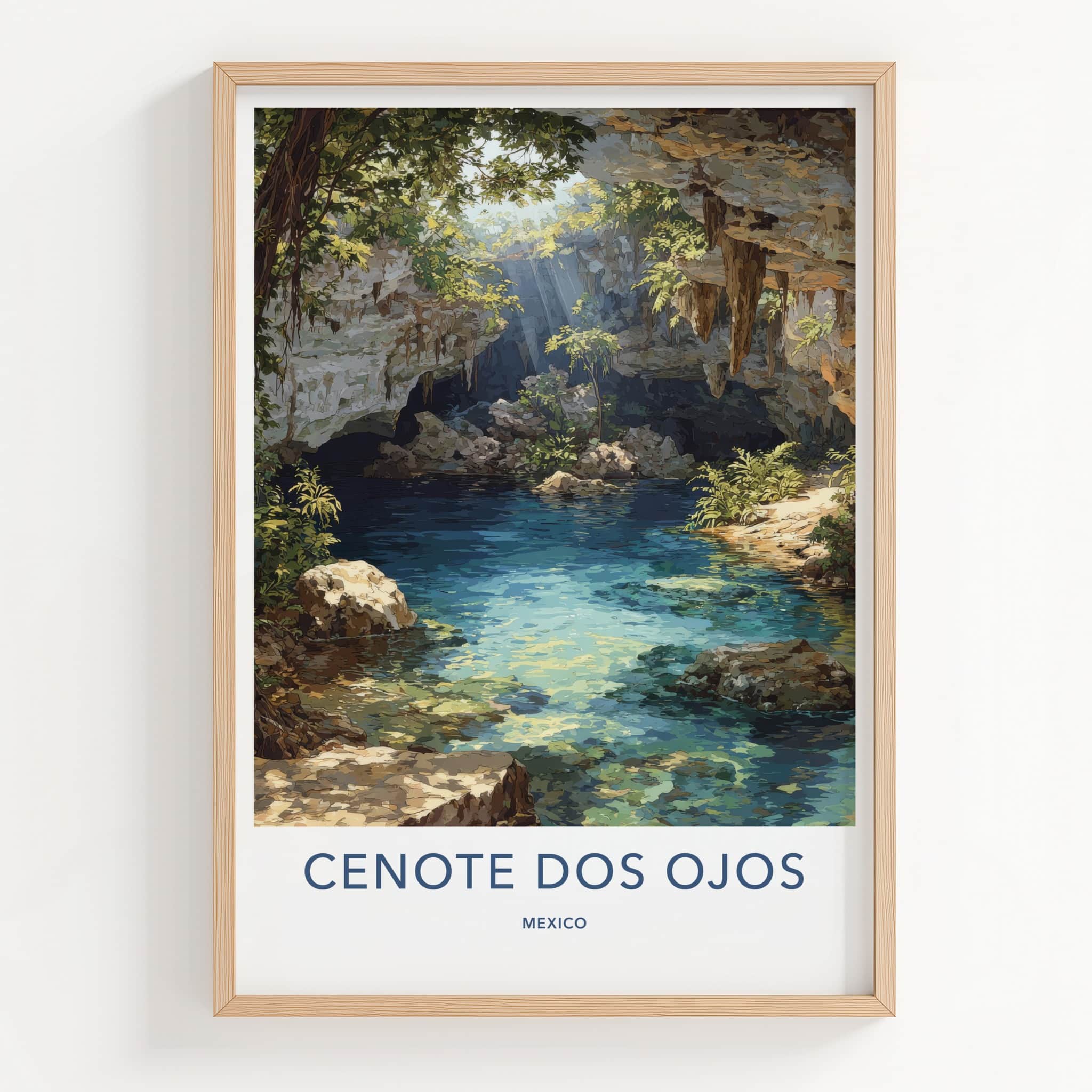 Cenote Dos Ojos Poster - Mexico Travel Print - Sunlit Cave Water Home Decor