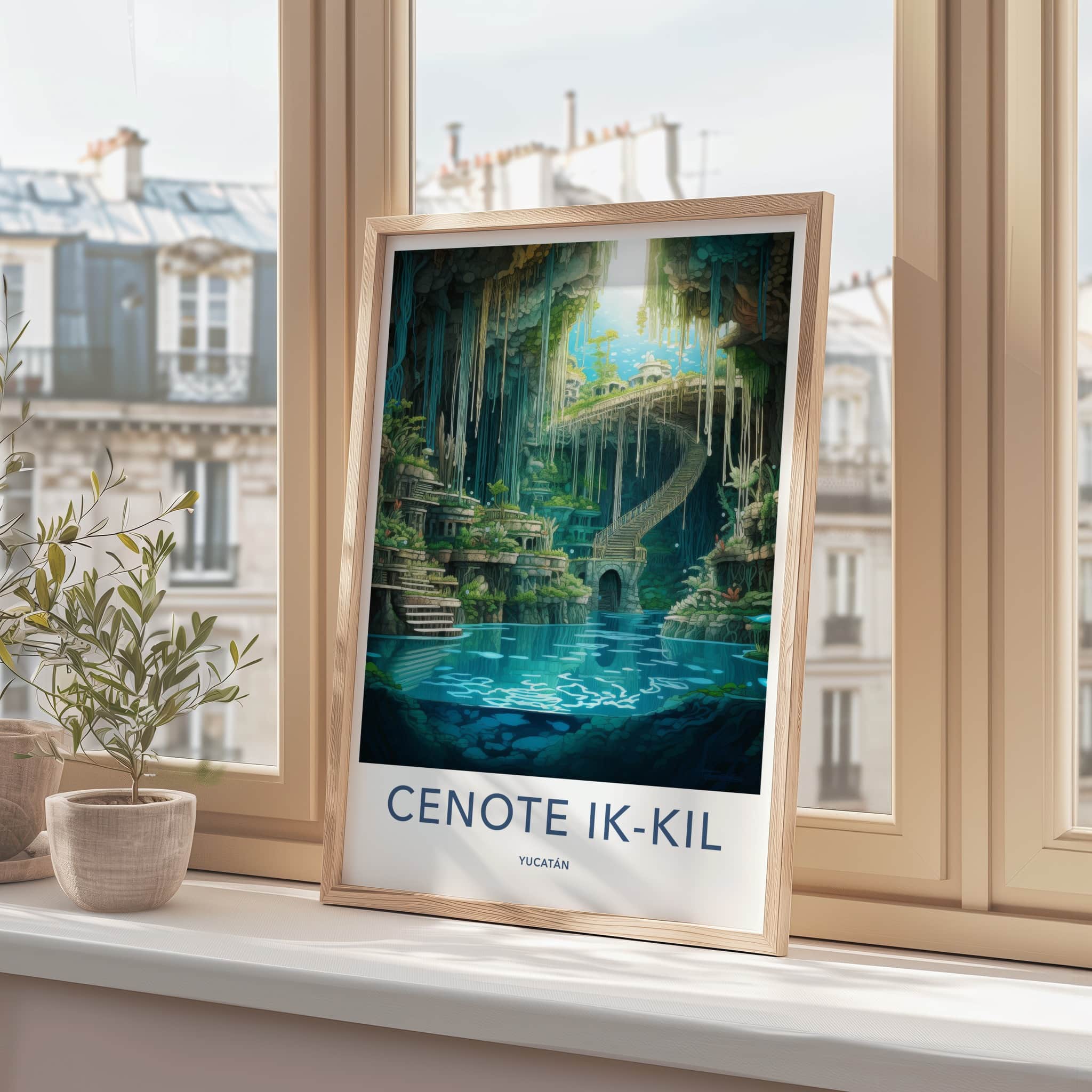 Cenote Ik-Kil Poster - Mexico Travel Art - Subterranean Lake Staircase Home Decor