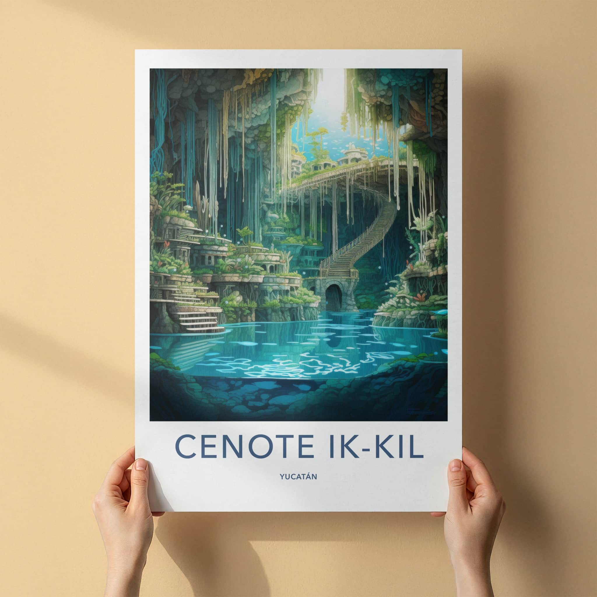 Cenote Ik-Kil Poster - Mexico Travel Art - Subterranean Lake Staircase Home Decor