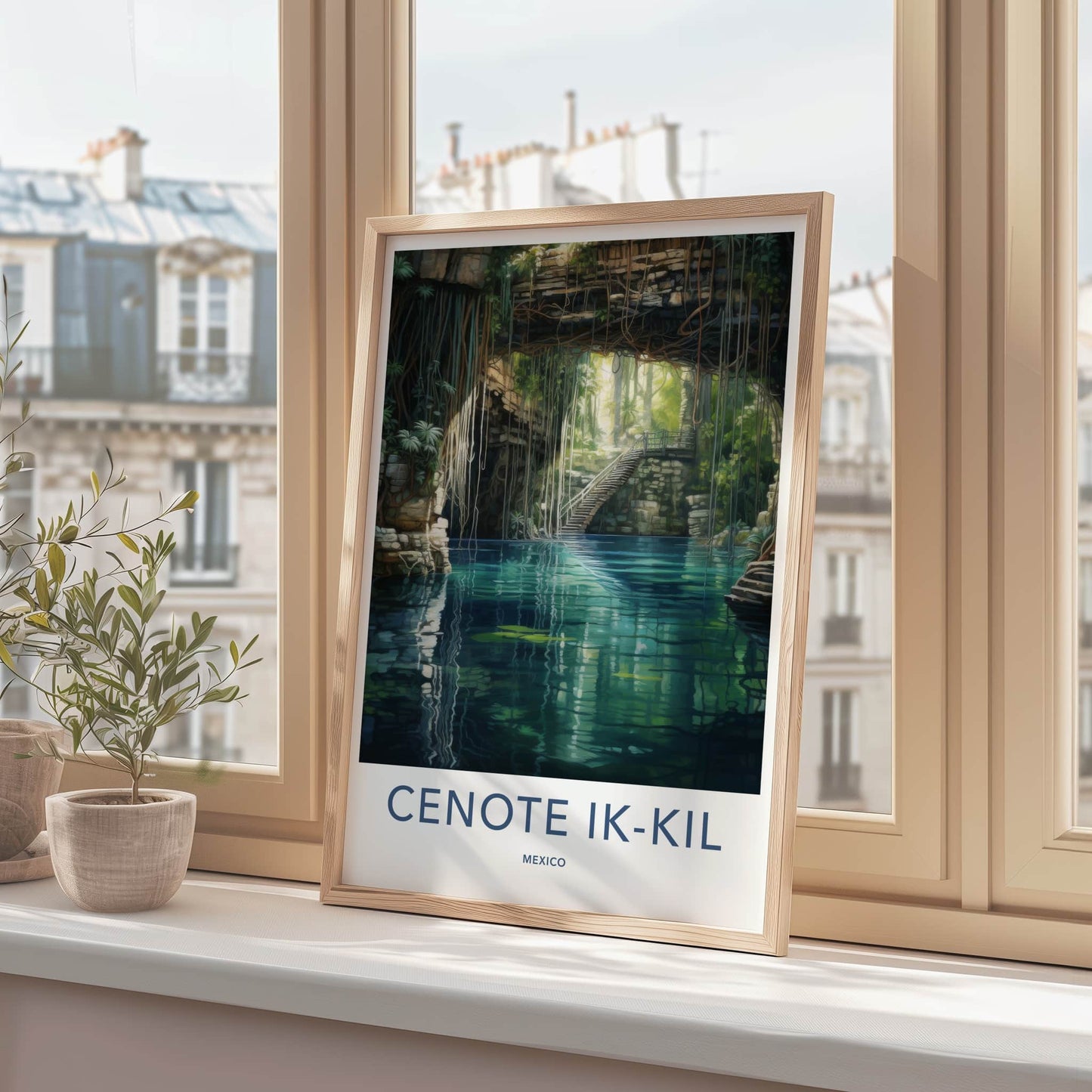 Cenote Ik-Kil Poster - Mexico Travel Art - Sunlit Cave Pool Home Decor