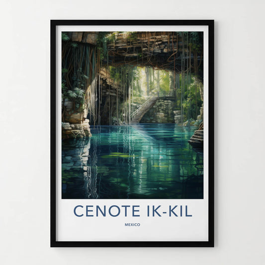 Cenote Ik-Kil Poster - Mexico Travel Art - Sunlit Cave Pool Home Decor