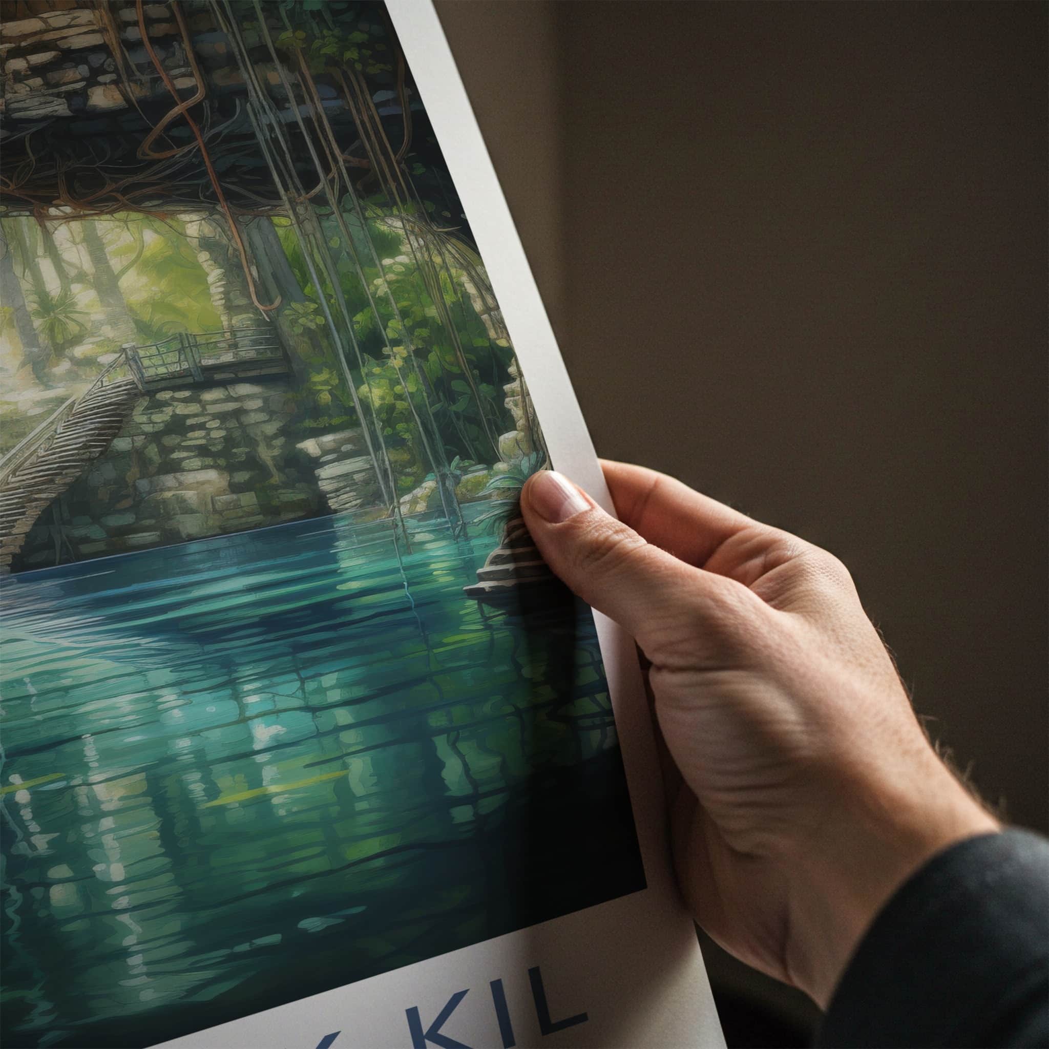 Cenote Ik-Kil Poster - Mexico Travel Art - Sunlit Cave Pool Home Decor