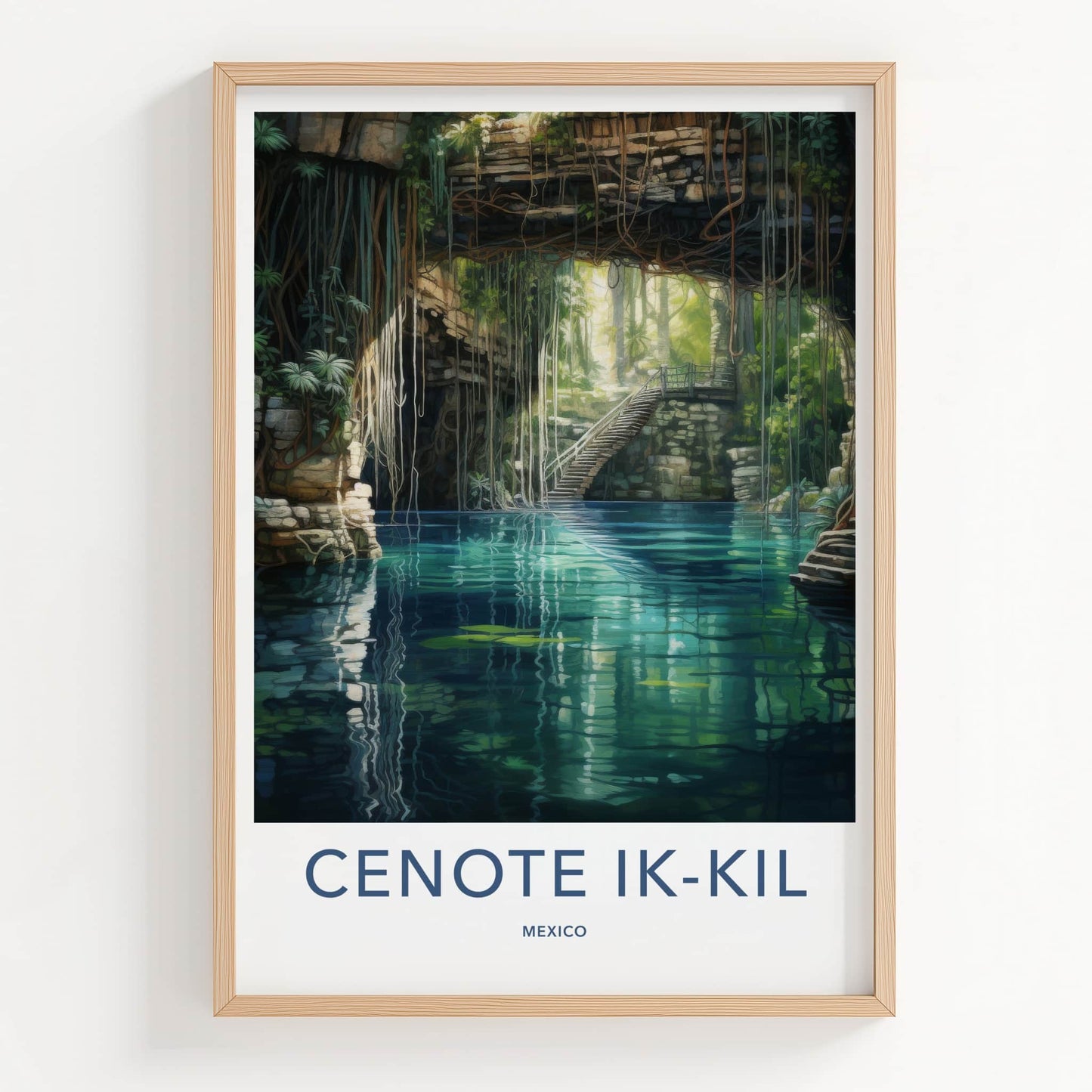Cenote Ik-Kil Poster - Mexico Travel Art - Sunlit Cave Pool Home Decor