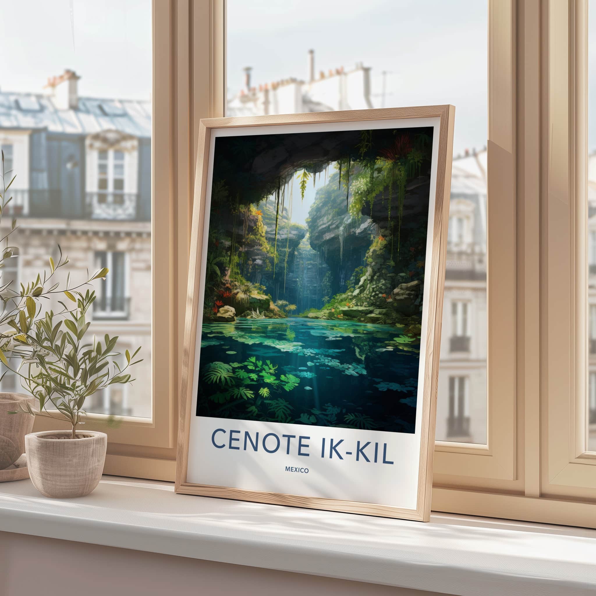 Cenote Ik-Kil Poster - Mexico Travel Art - Sunlit Cavern Pool Home Decor