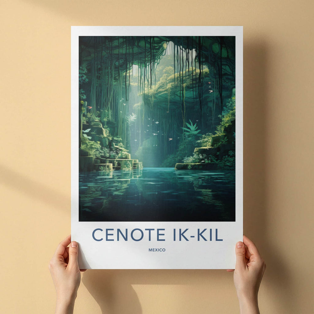 Cenote Ik-Kil Poster - Mexico Travel Art - Sunlit Underground Pool Home Decor