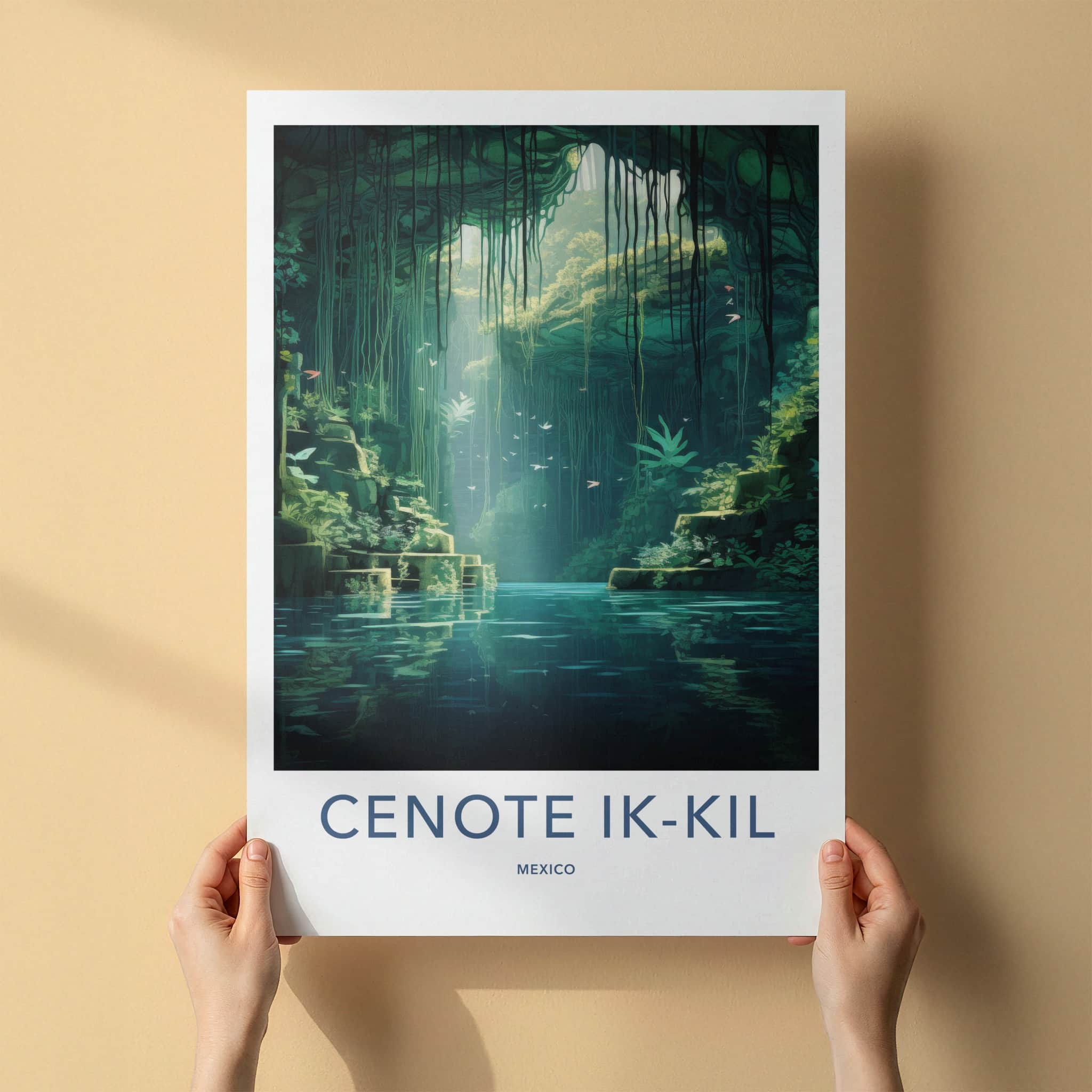 Cenote Ik-Kil Poster - Mexico Travel Art - Sunlit Underground Pool Home Decor