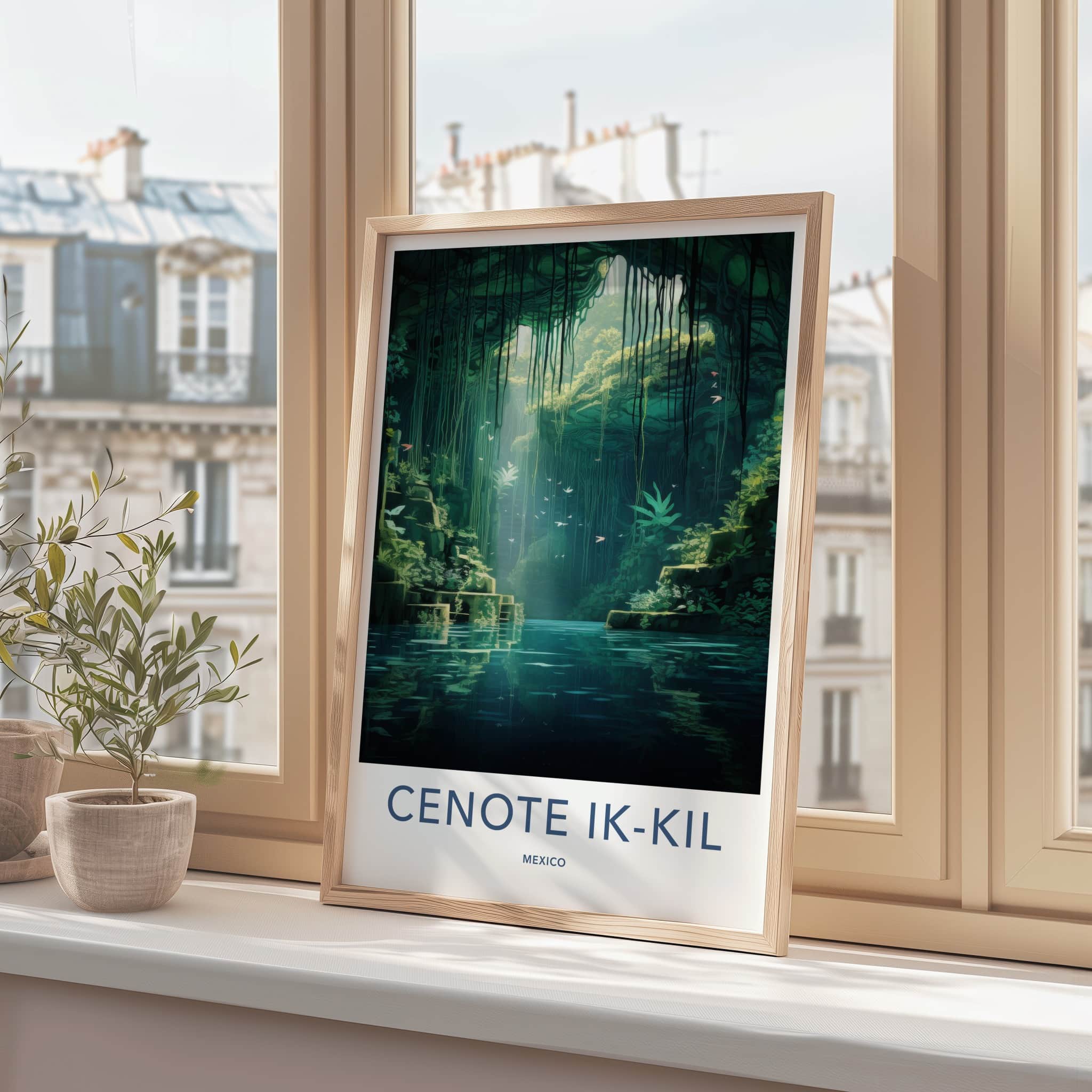 Cenote Ik-Kil Poster - Mexico Travel Art - Sunlit Underground Pool Home Decor