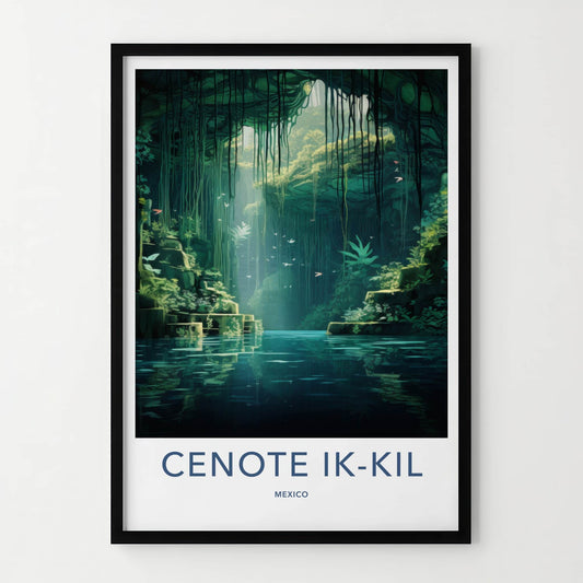 Cenote Ik-Kil Poster - Mexico Travel Art - Sunlit Underground Pool Home Decor