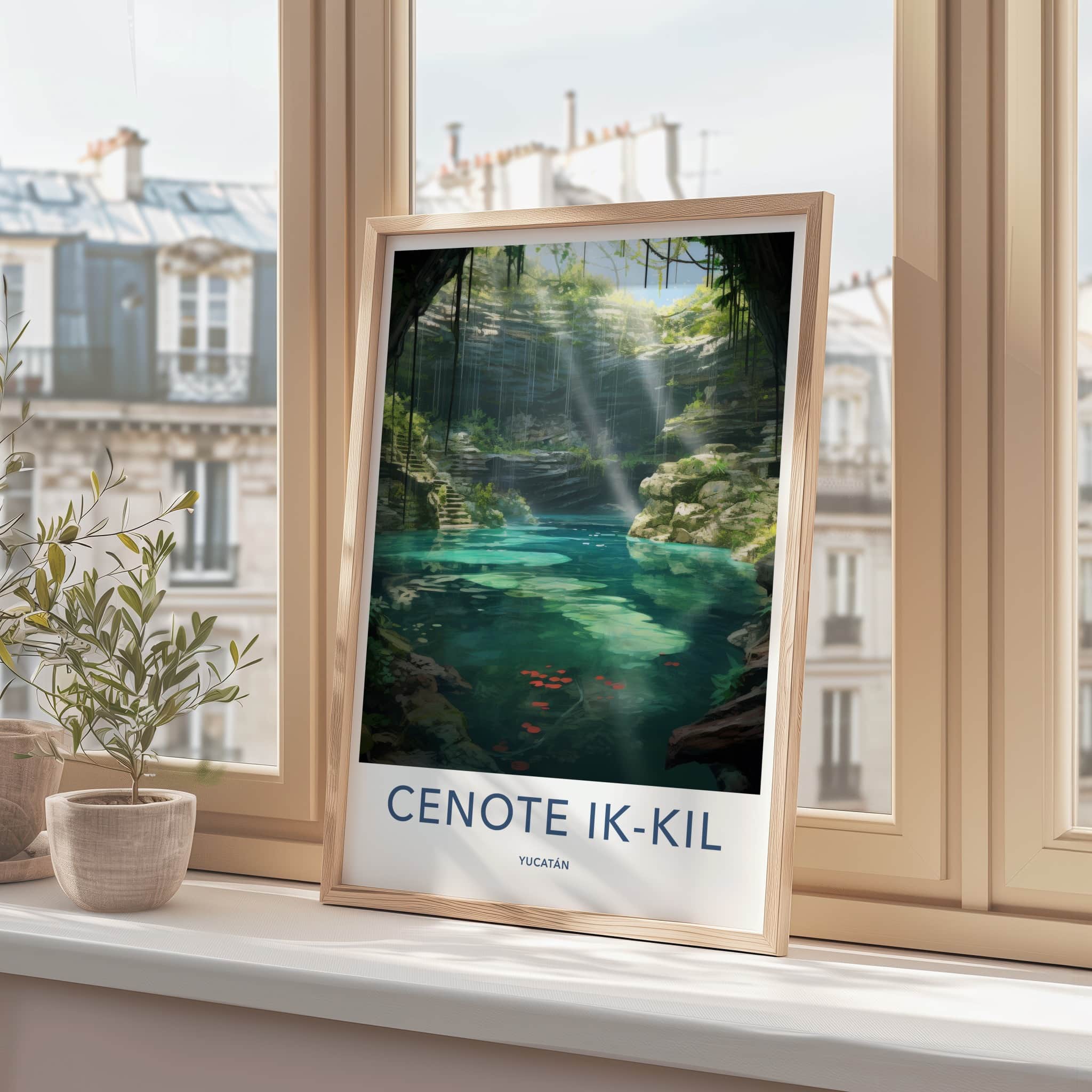 Cenote Ik-Kil Poster - Mexico Wall Art - Sunlit Water Steps Home Decor
