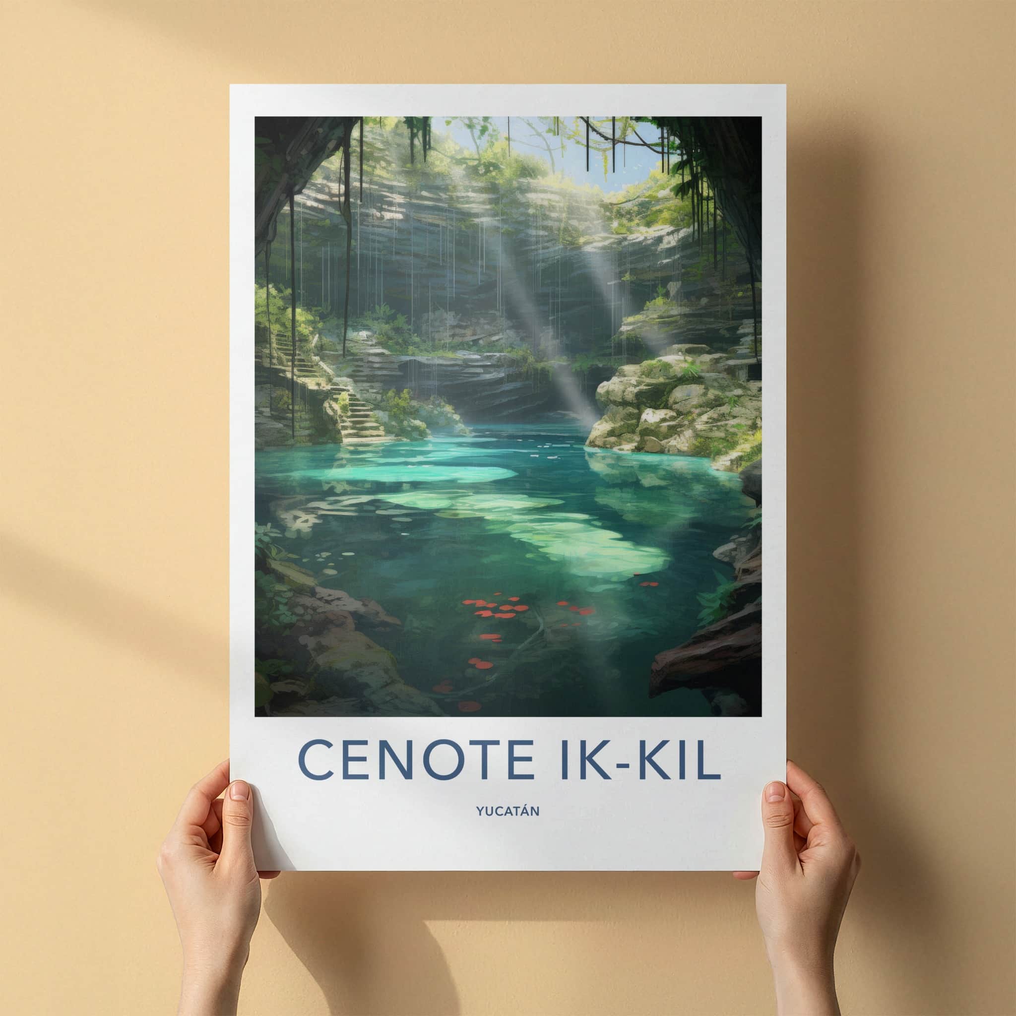 Cenote Ik-Kil Poster - Mexico Wall Art - Sunlit Water Steps Home Decor
