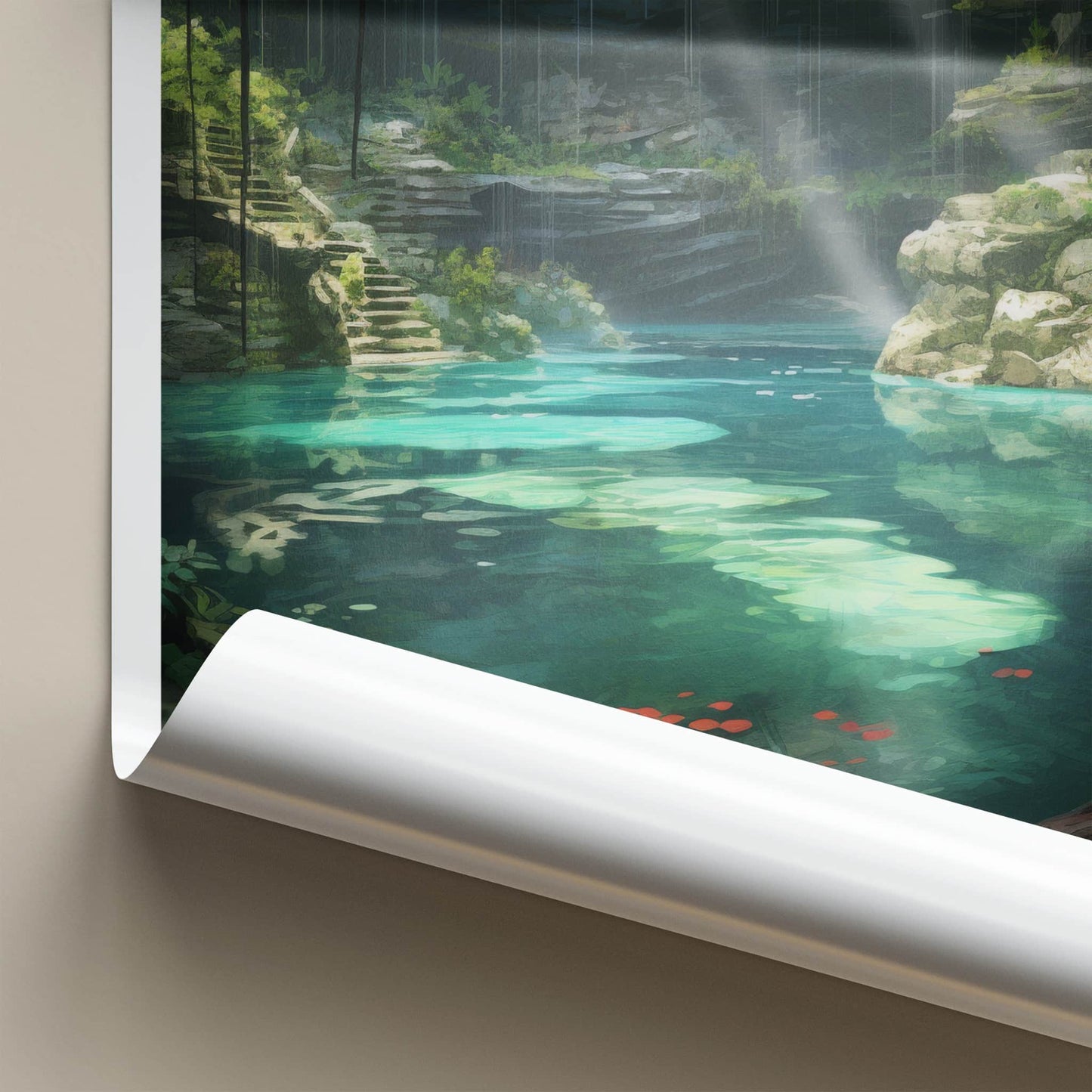 Cenote Ik-Kil Poster - Mexico Wall Art - Sunlit Water Steps Home Decor
