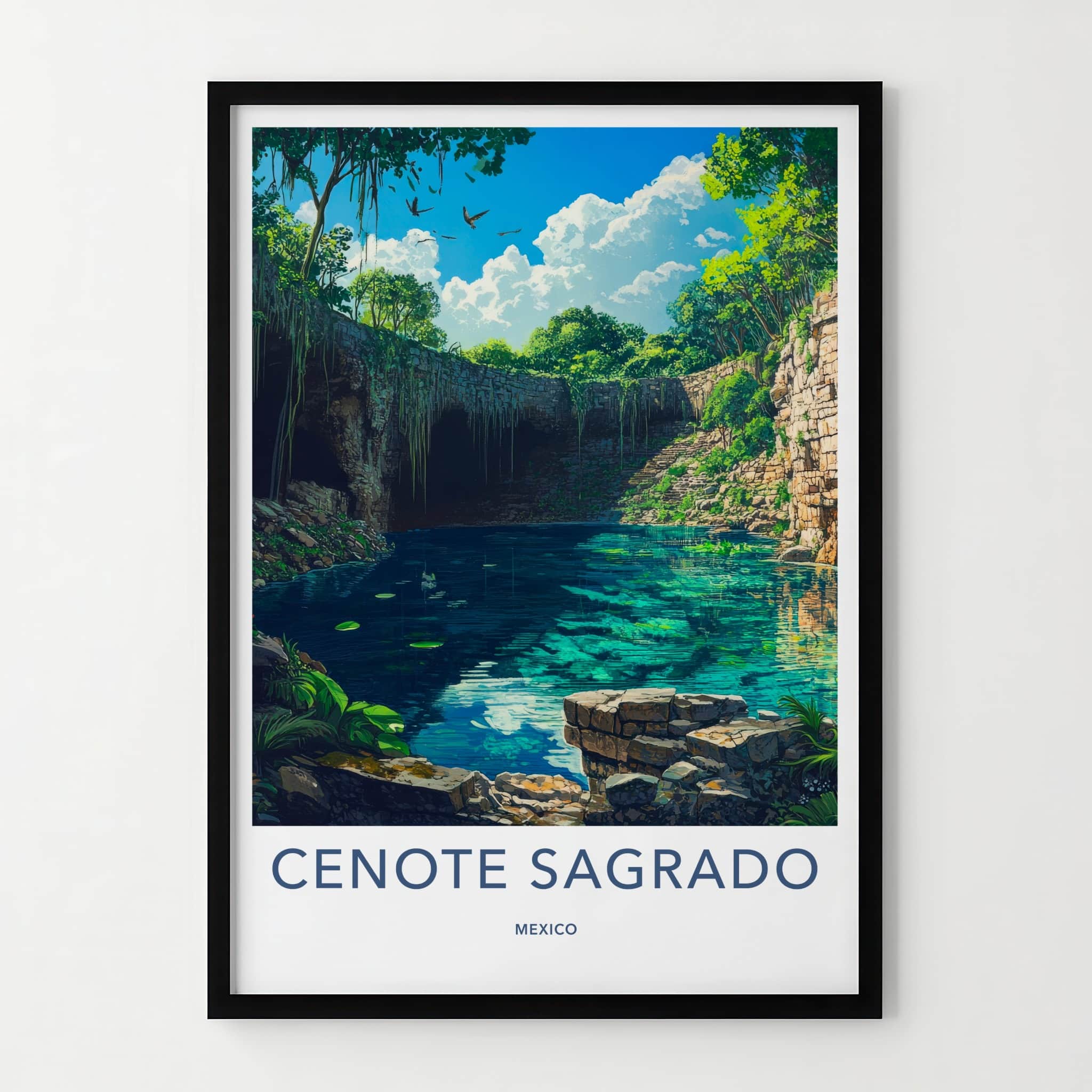 Cenote Sagrado Poster - Mexico Travel Art - Lush Jungle Sinkhole Home Decor