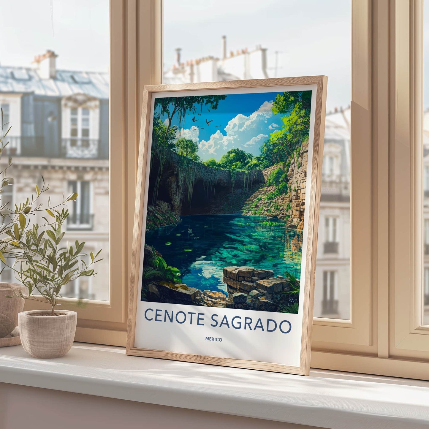 Cenote Sagrado Poster - Mexico Travel Art - Lush Jungle Sinkhole Home Decor