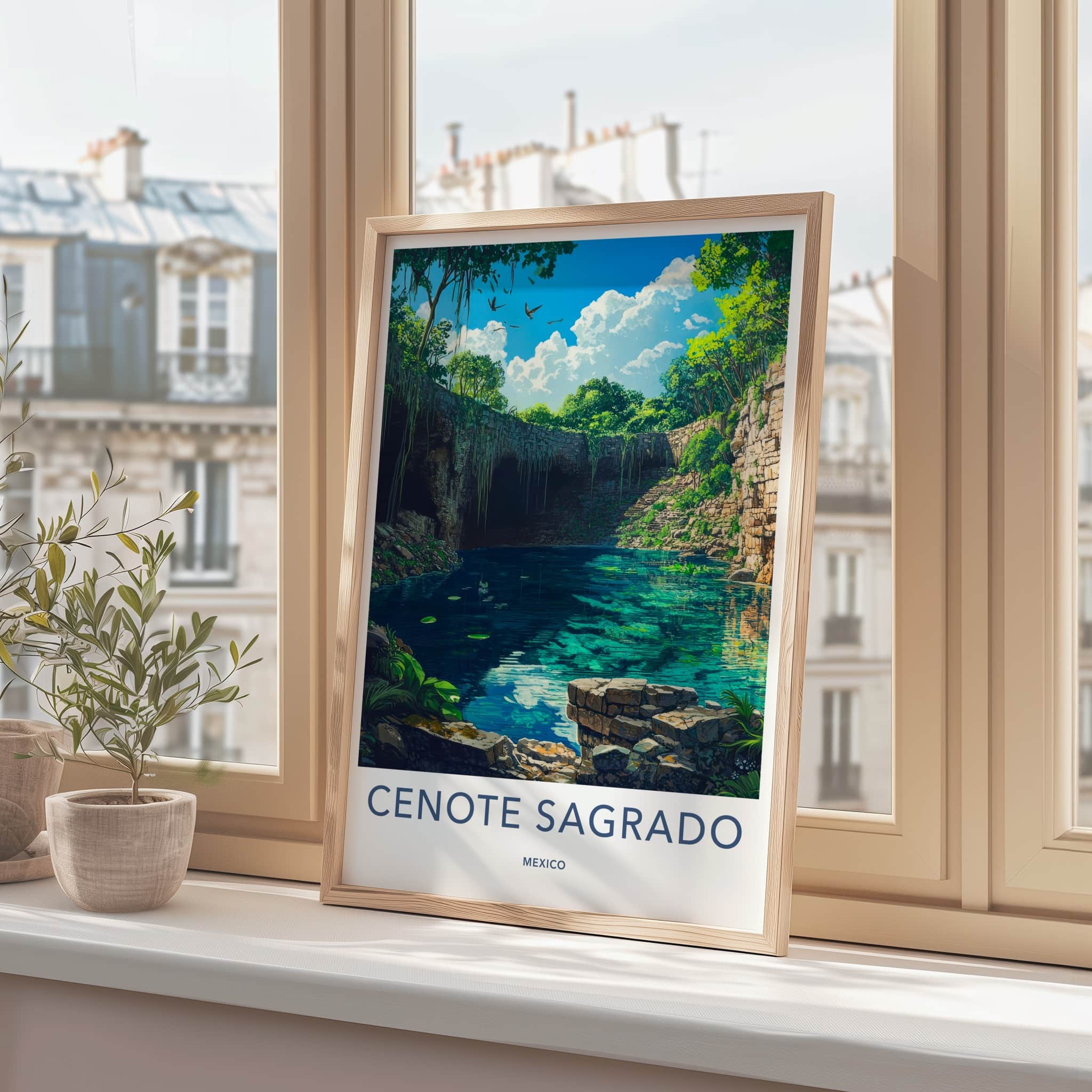 Cenote Sagrado Poster - Mexico Travel Art - Lush Jungle Sinkhole Home Decor