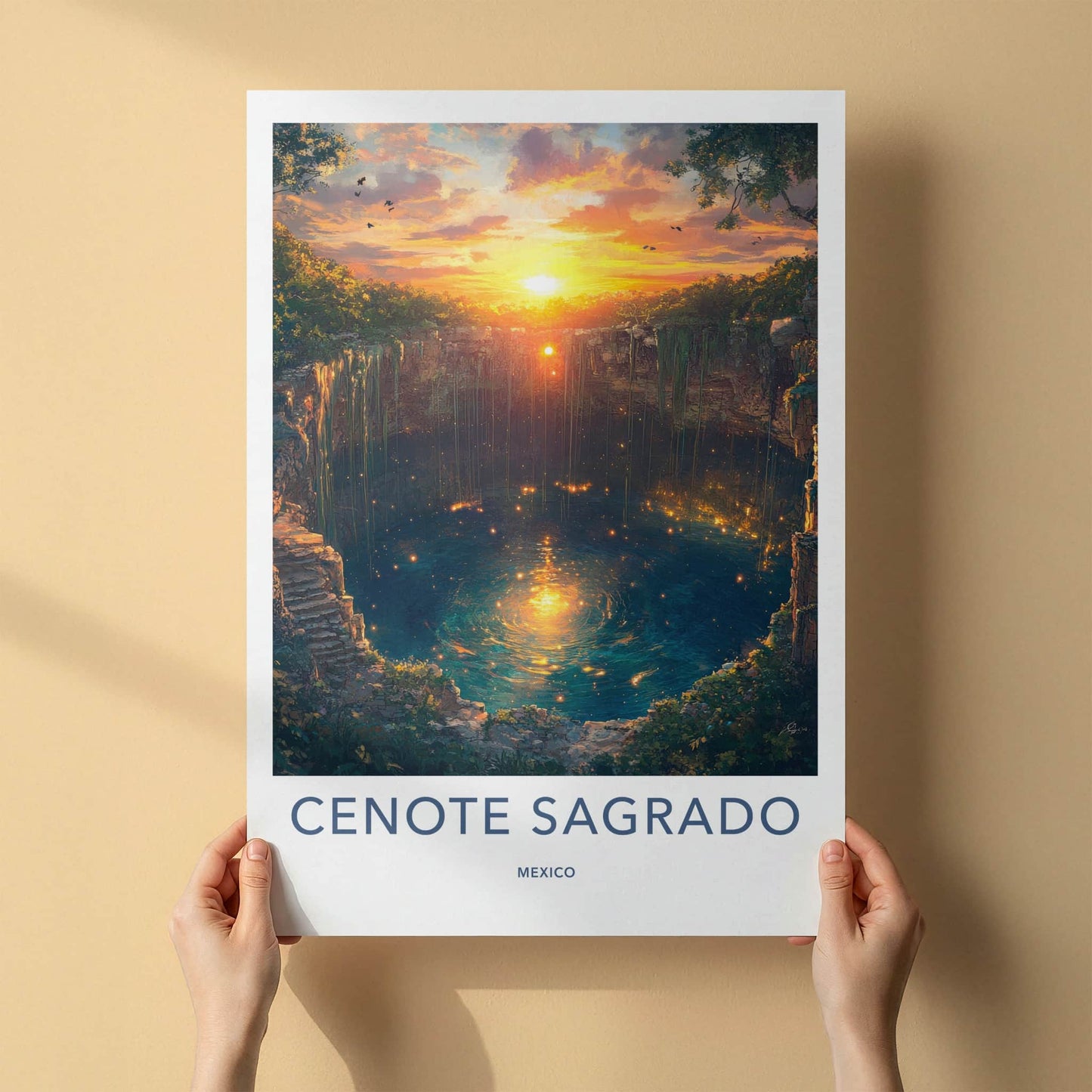 Cenote Sagrado Poster - Mexico Travel Art - Sunset Cenote Glow Home Decor