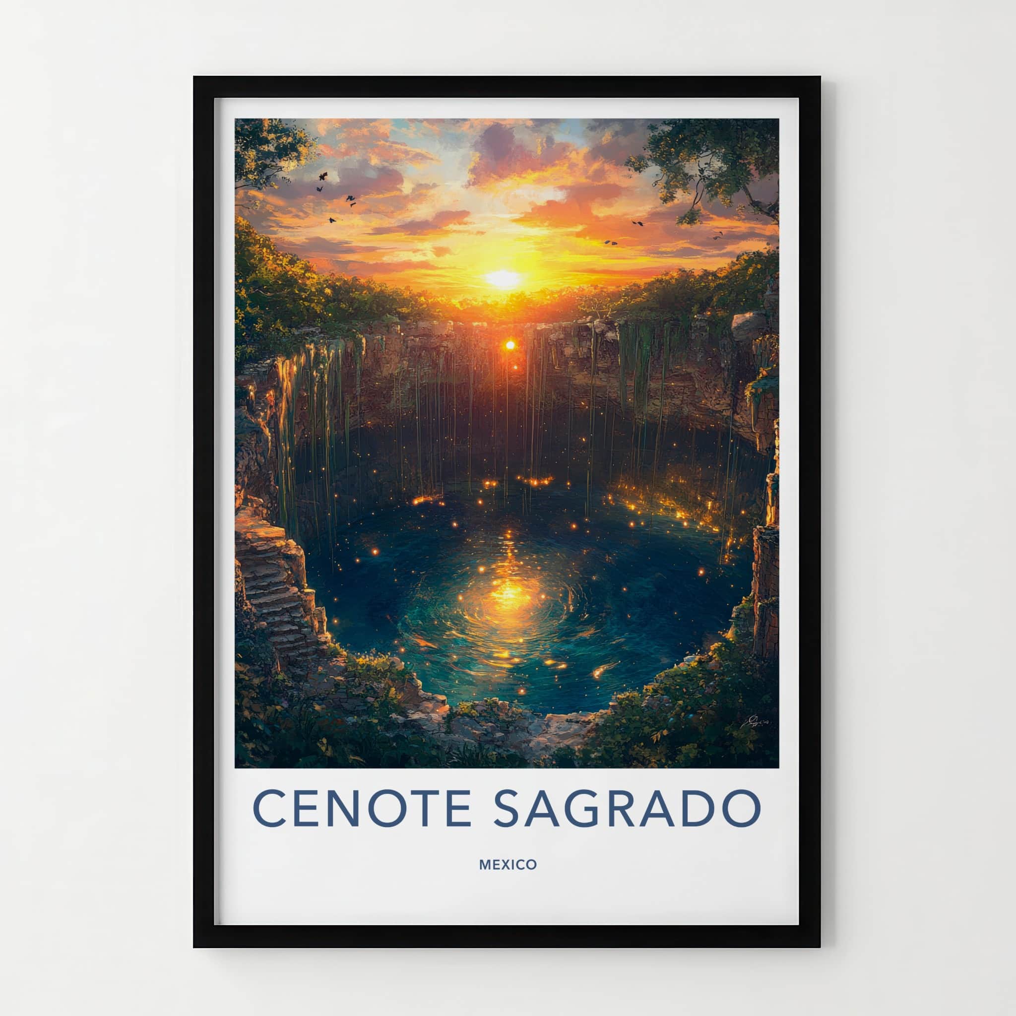 Cenote Sagrado Poster - Mexico Travel Art - Sunset Cenote Glow Home Decor