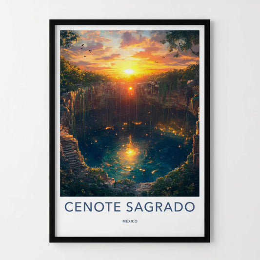 Cenote Sagrado Poster - Mexico Travel Art - Sunset Cenote Glow Home Decor
