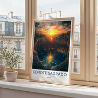 Cenote Sagrado Poster - Mexico Travel Art - Sunset Cenote Glow Home Decor