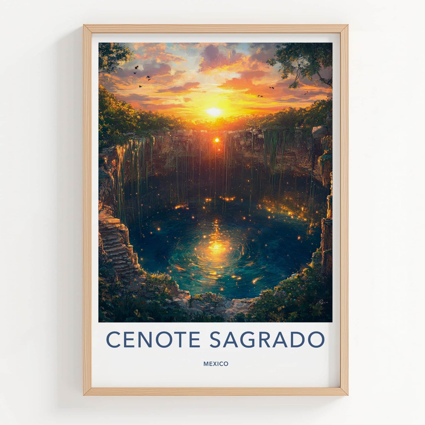 Cenote Sagrado Poster - Mexico Travel Art - Sunset Cenote Glow Home Decor