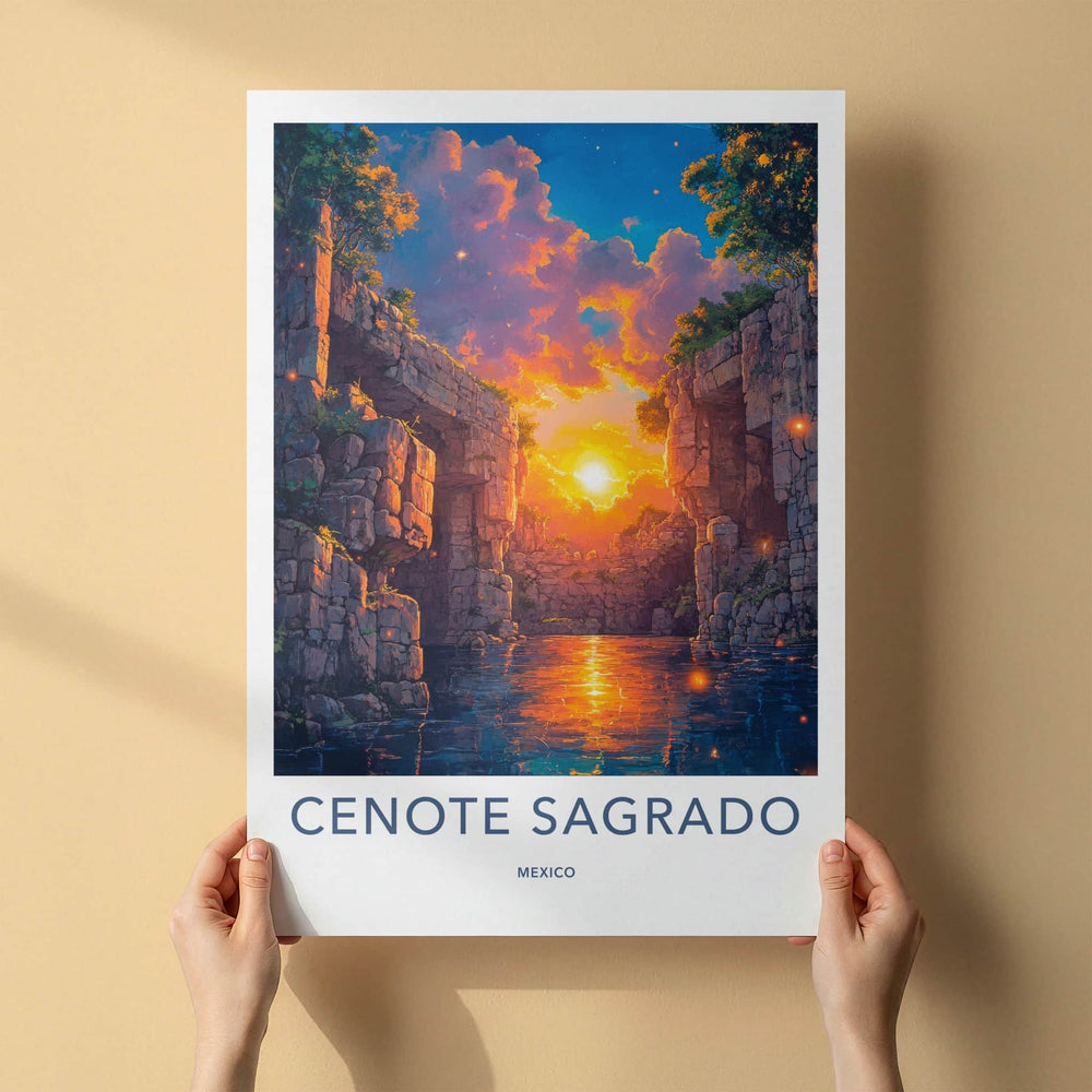 Cenote Sagrado Poster - Mexico Travel Art - Sunset Glowing Water Home Decor
