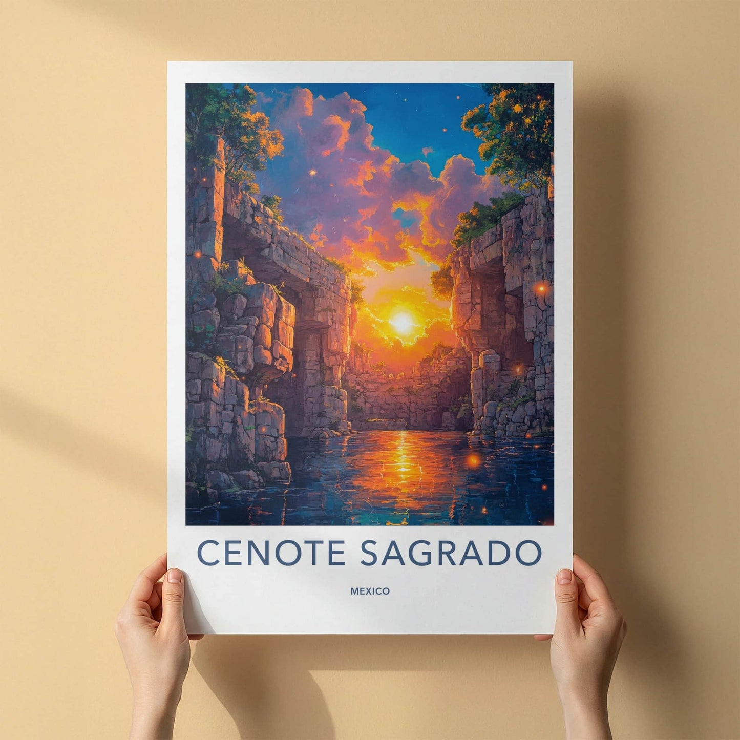 Cenote Sagrado Poster - Mexico Travel Art - Sunset Glowing Water Home Decor
