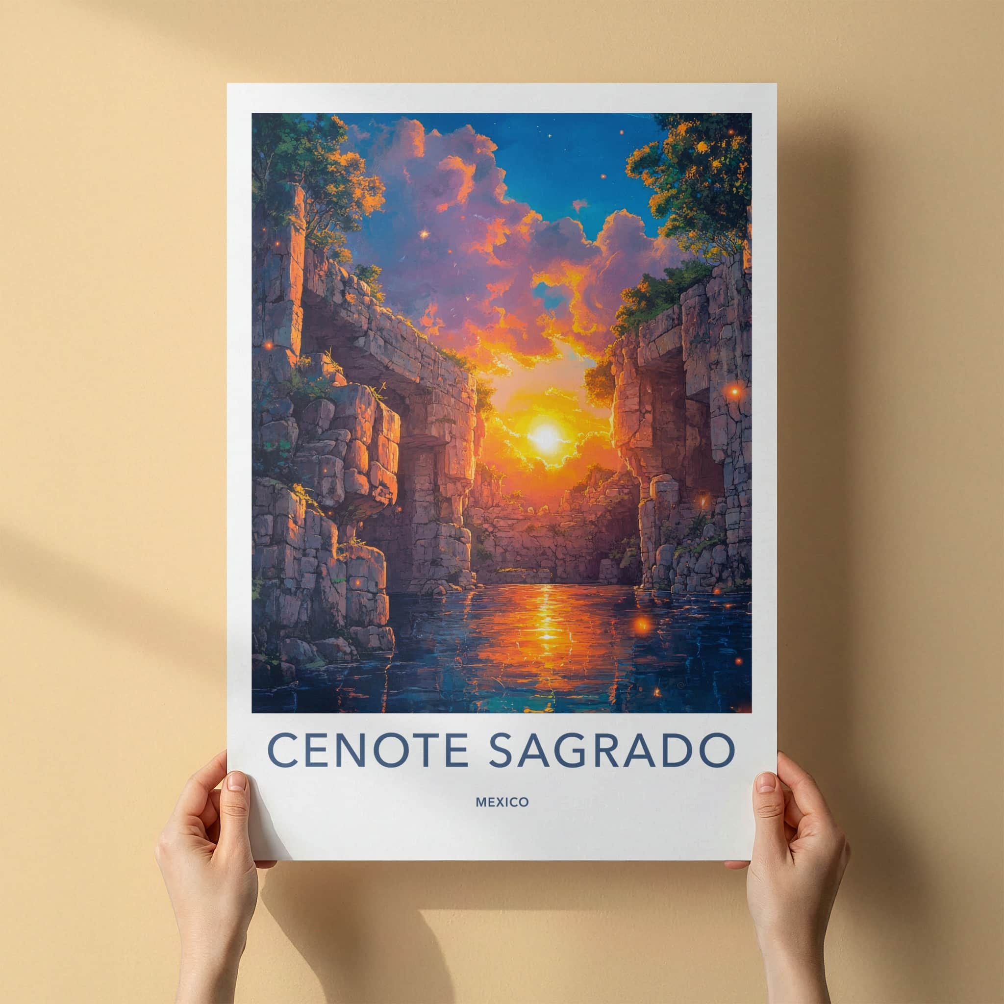 Cenote Sagrado Poster - Mexico Travel Art - Sunset Glowing Water Home Decor