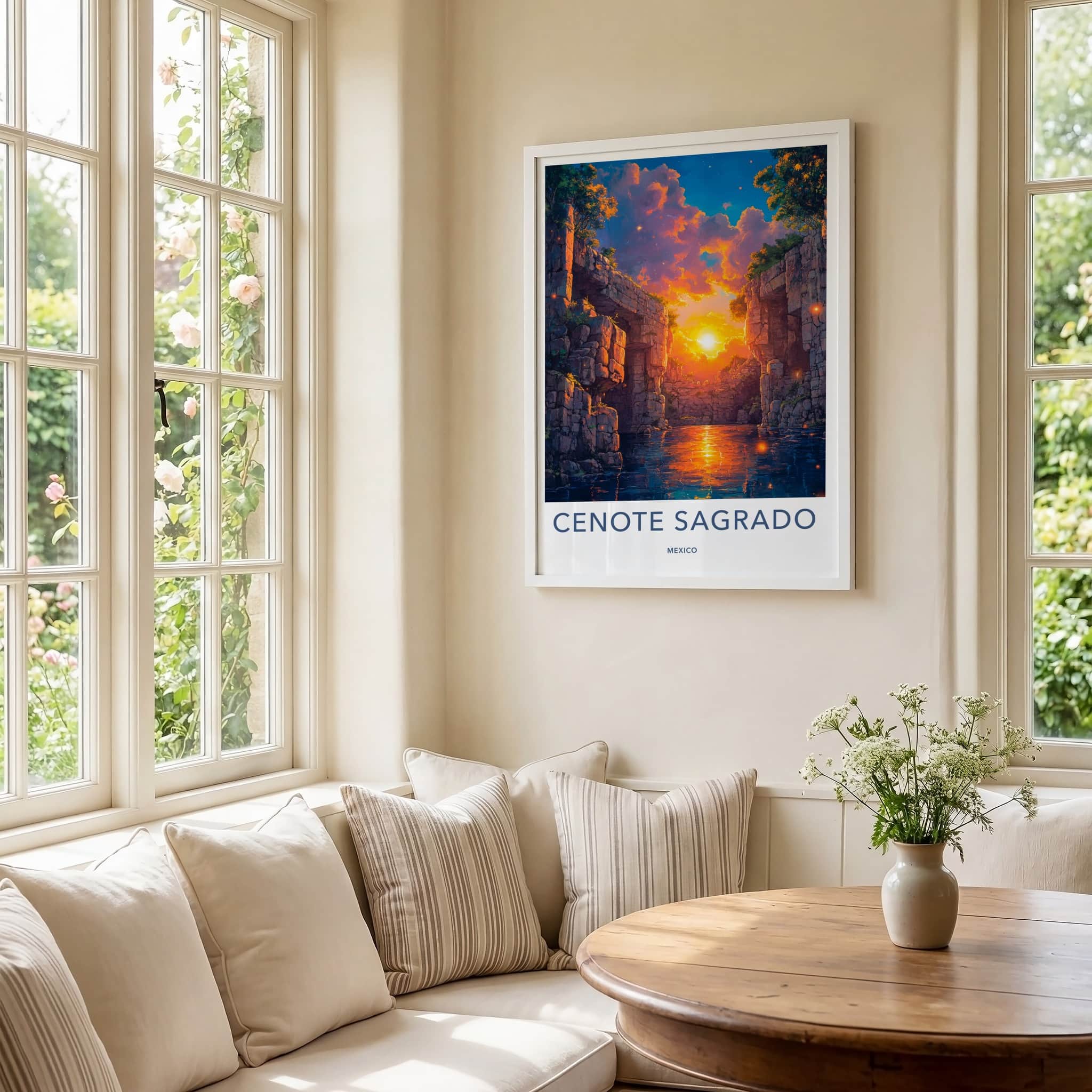 Cenote Sagrado Poster - Mexico Travel Art - Sunset Glowing Water Home Decor