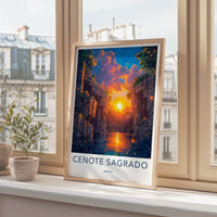 Cenote Sagrado Poster - Mexico Travel Art - Sunset Glowing Water Home Decor