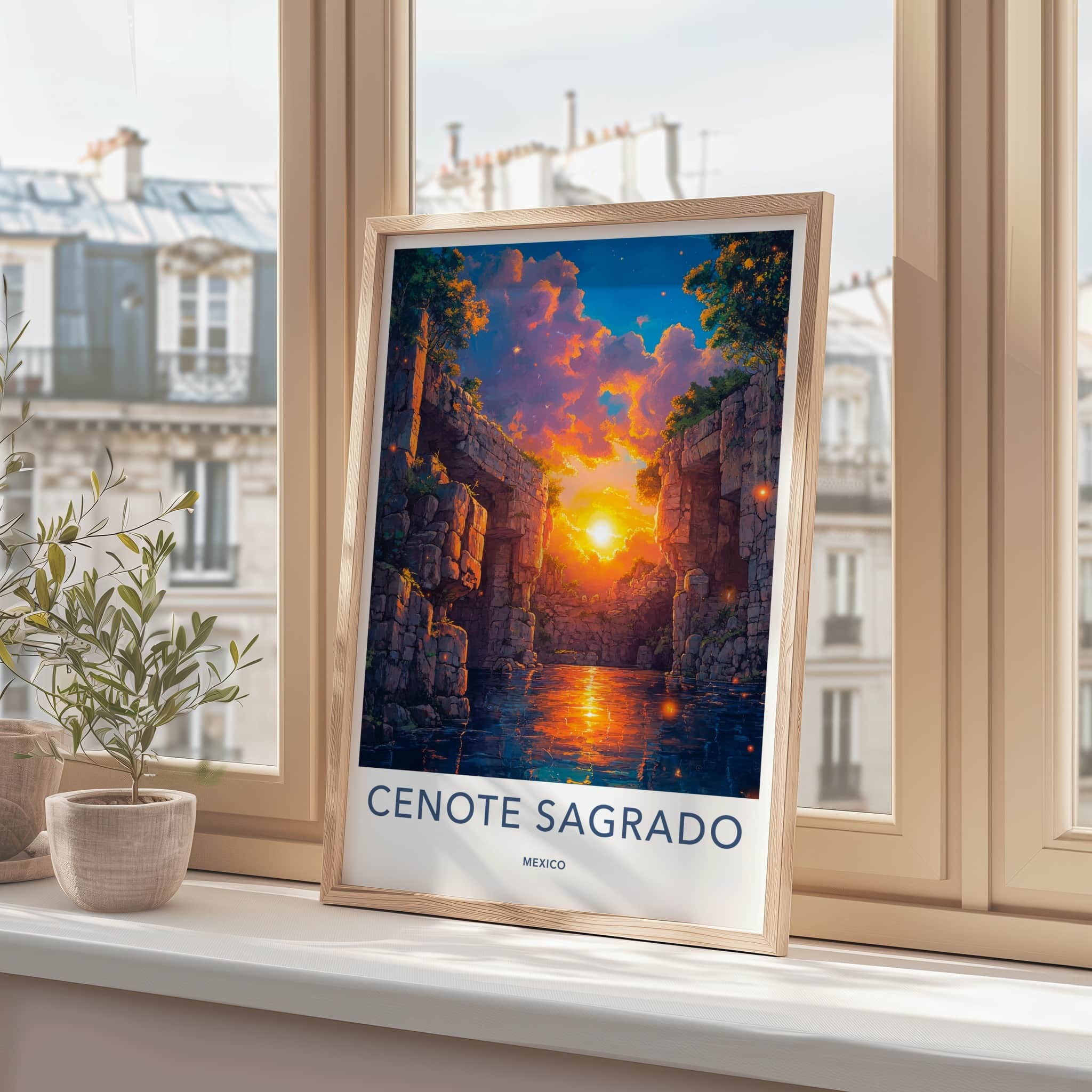 Cenote Sagrado Poster - Mexico Travel Art - Sunset Glowing Water Home Decor