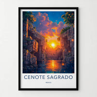 Cenote Sagrado Poster - Mexico Travel Art - Sunset Glowing Water Home Decor