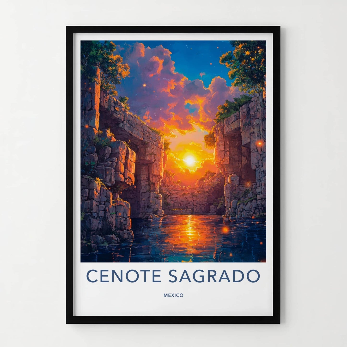 Cenote Sagrado Poster - Mexico Travel Art - Sunset Glowing Water Home Decor