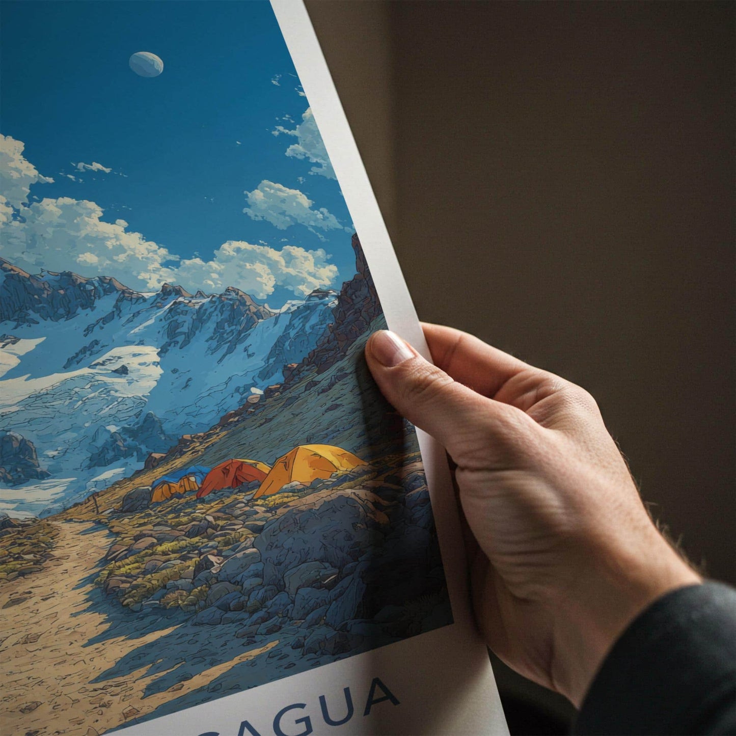 Cerro Aconcagua Poster - Argentina Travel Art - Campsite Snowy Peaks Home Decor