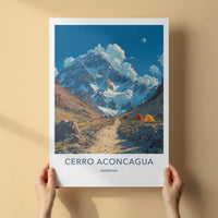 Cerro Aconcagua Poster - Argentina Travel Art - Campsite Snowy Peaks Home Decor