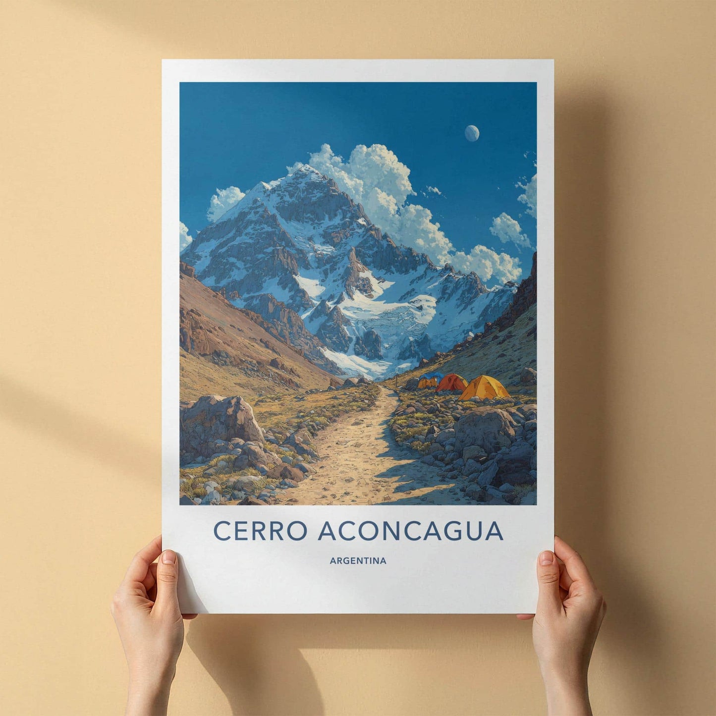 Cerro Aconcagua Poster - Argentina Travel Art - Campsite Snowy Peaks Home Decor
