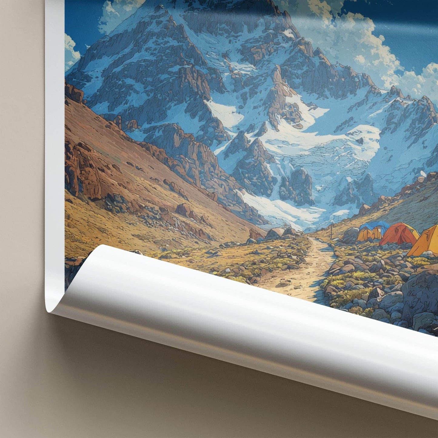 Cerro Aconcagua Poster - Argentina Travel Art - Campsite Snowy Peaks Home Decor