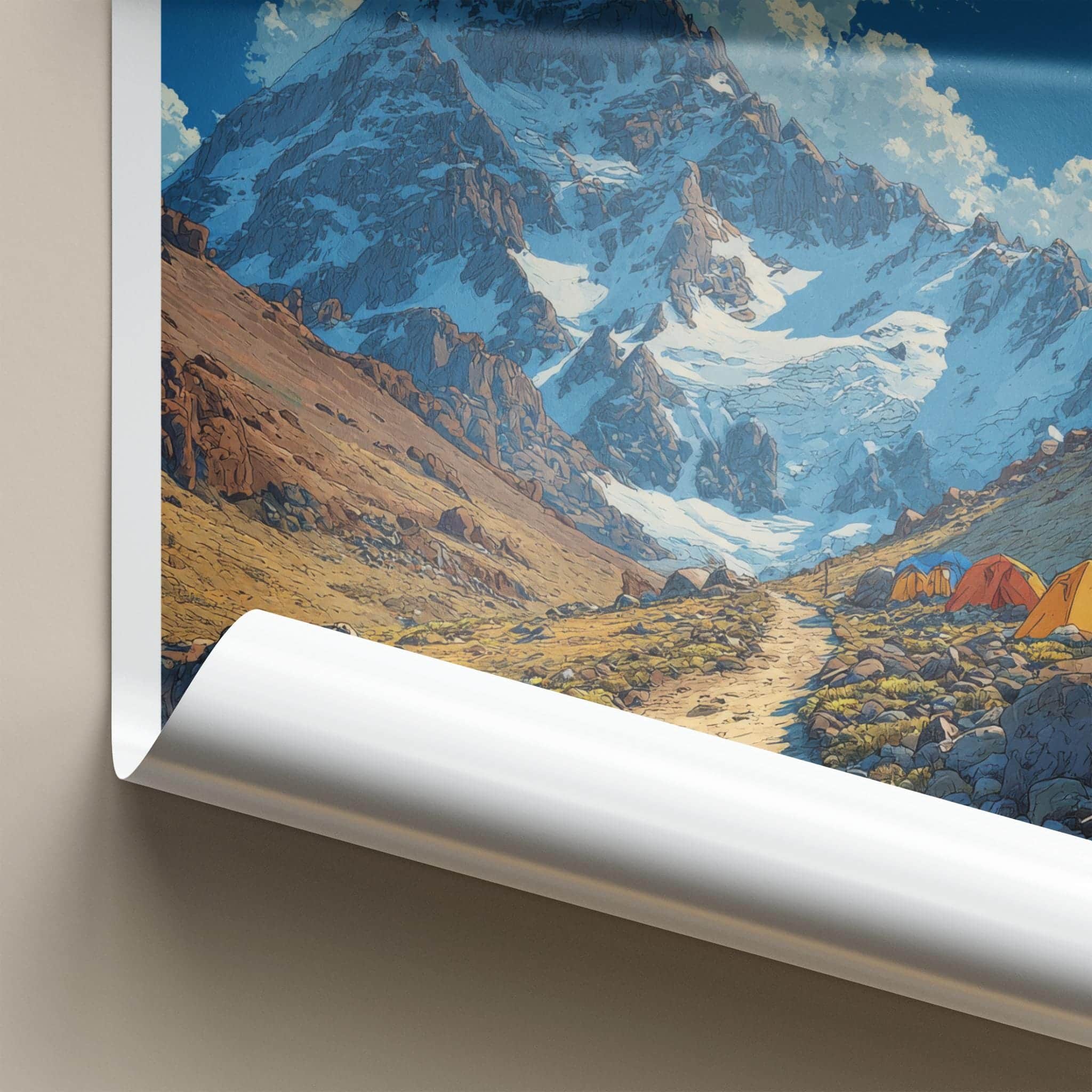 Cerro Aconcagua Poster - Argentina Travel Art - Campsite Snowy Peaks Home Decor