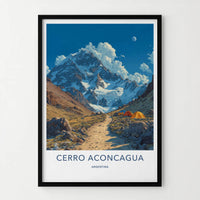 Cerro Aconcagua Poster - Argentina Travel Art - Campsite Snowy Peaks Home Decor