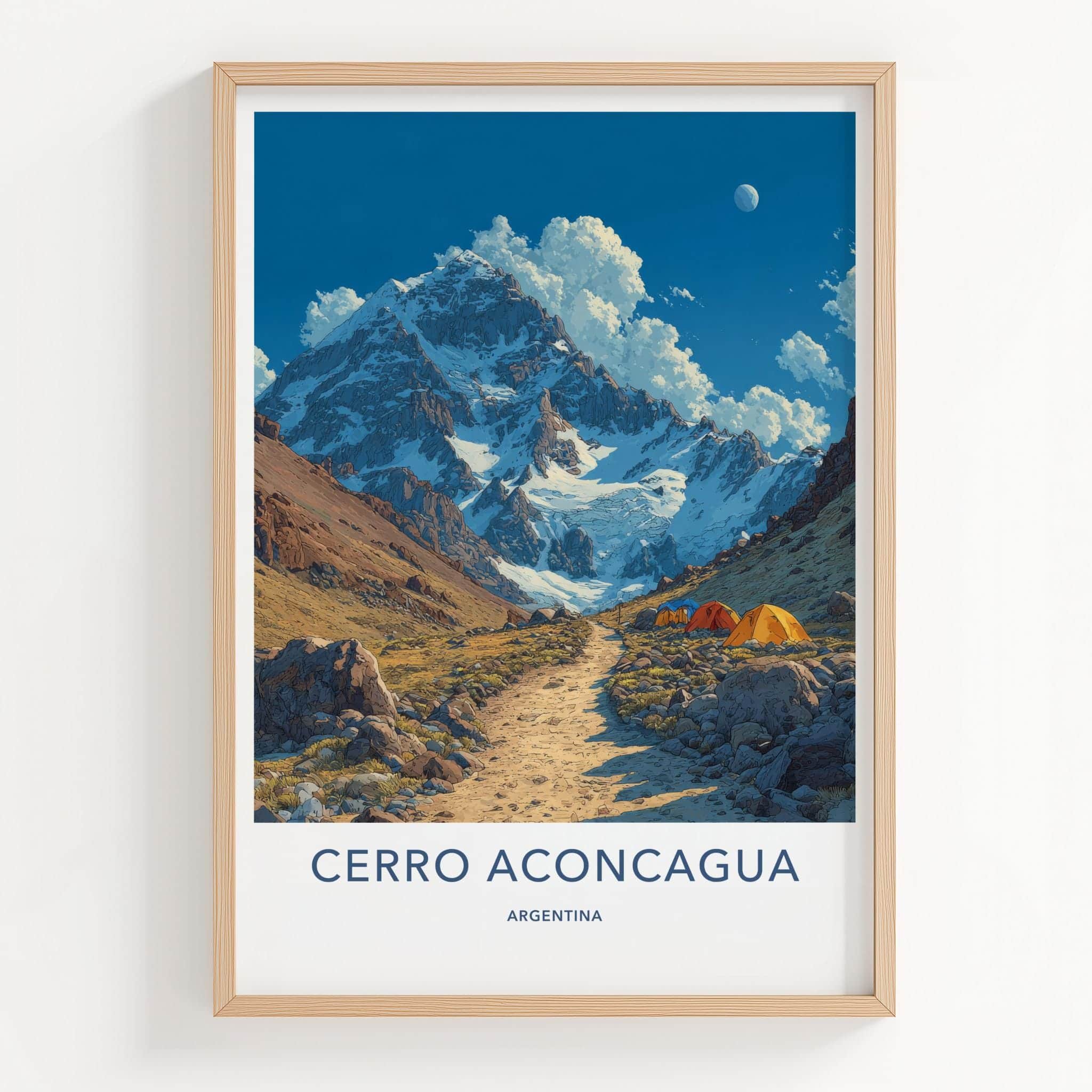 Cerro Aconcagua Poster - Argentina Travel Art - Campsite Snowy Peaks Home Decor