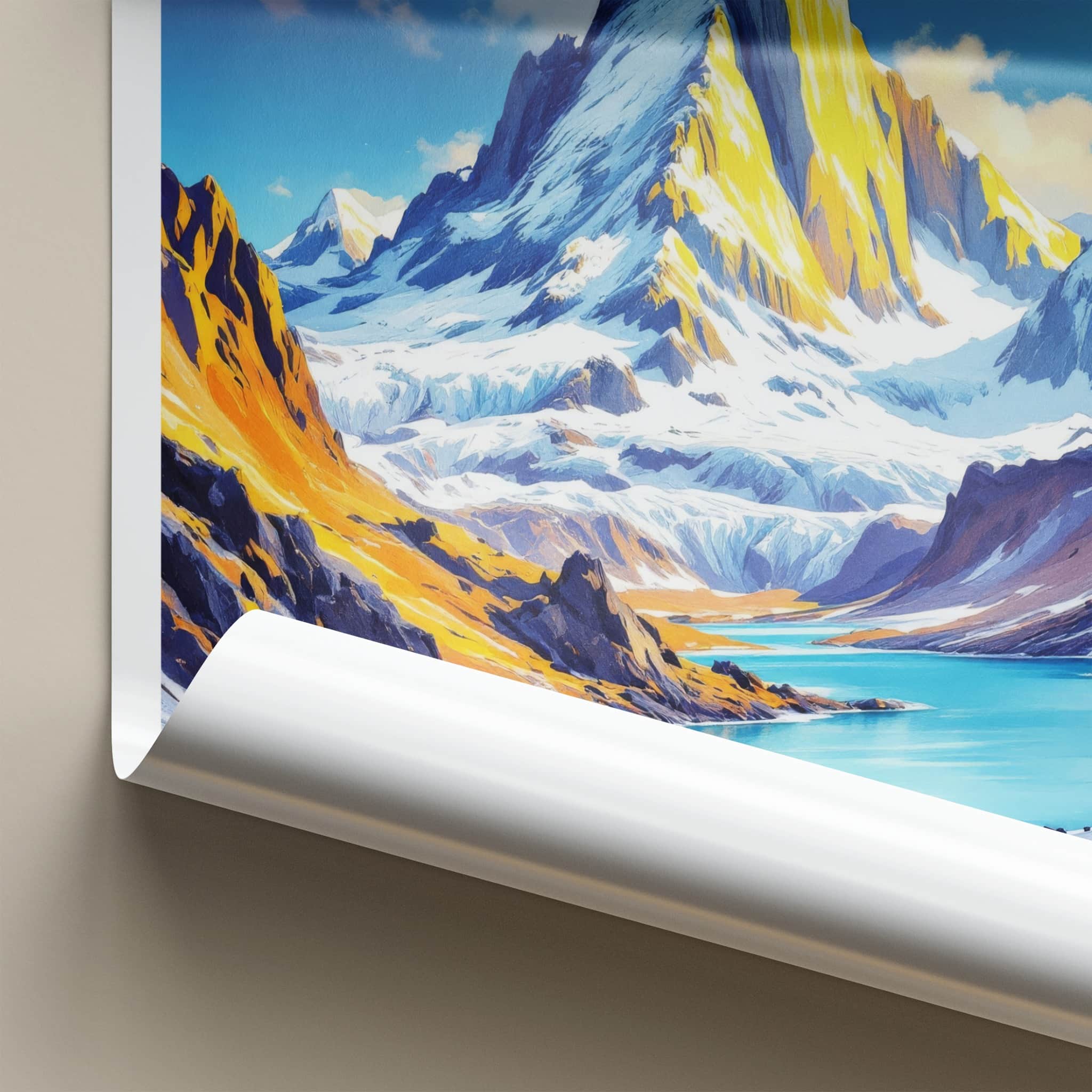 Cerro Torre Poster - Argentina Travel Art - Golden Peak Blue Lake Home Decor